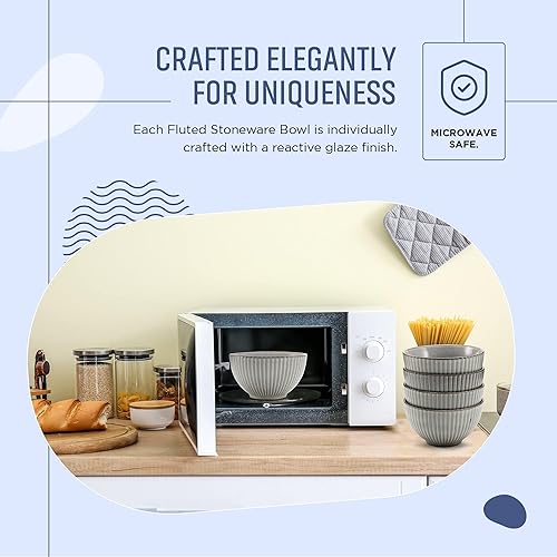 Miniatura 3 de American Atelier Juego de 4 cuencos de cereales estriados de 22 onzas, apilables de gres de 6 pulgadas para pasta, ramen y ensalada, cuencos de