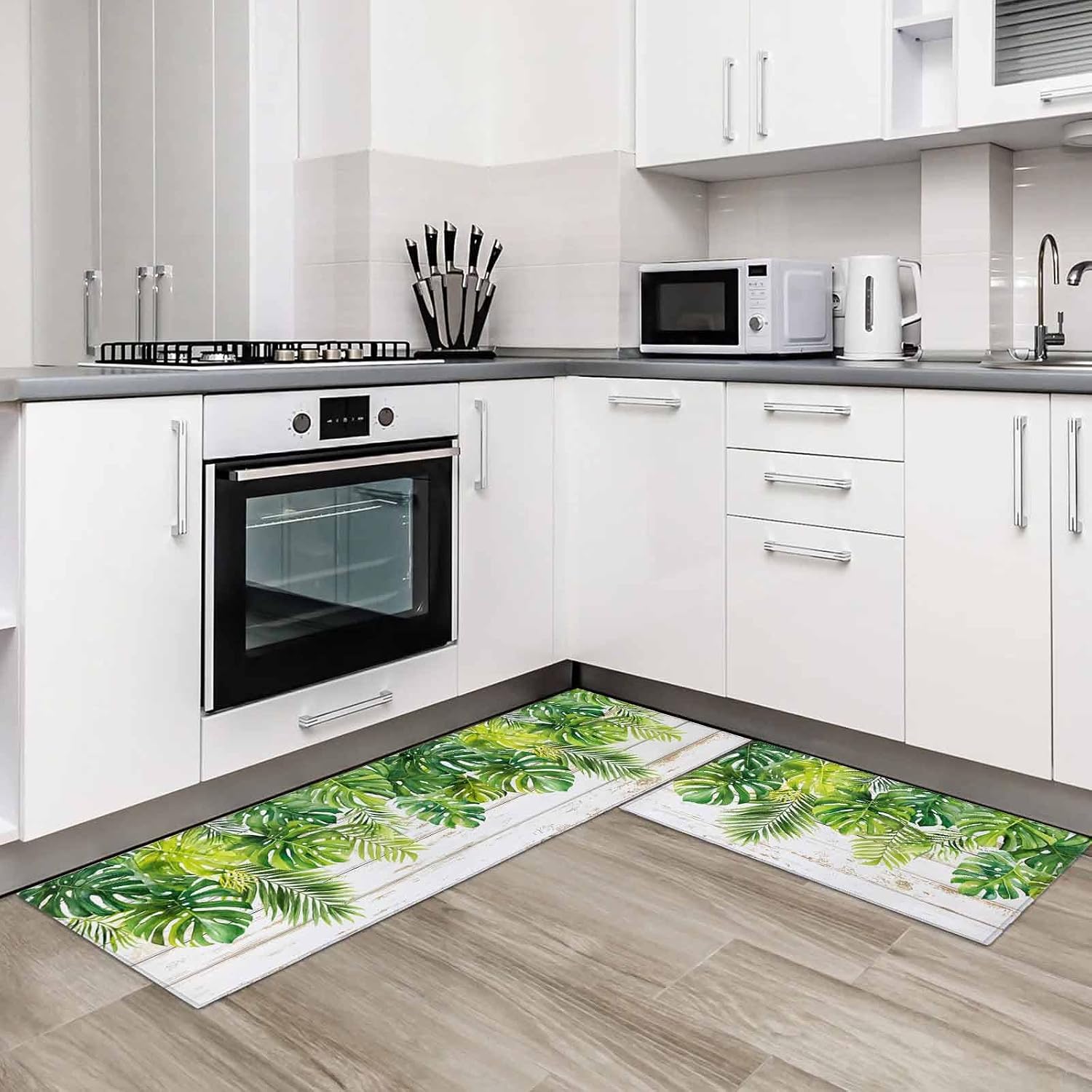 Kitchen Mats for Floor Summer Green Palm Leaf Washable Non Slip Kitchen Rugs 2PCS, Tropical Leaves Farmhouse Wood Board Absorbent Standing Mats for Sink Office Living Room 15.7x23.6in+15.7x47.2in