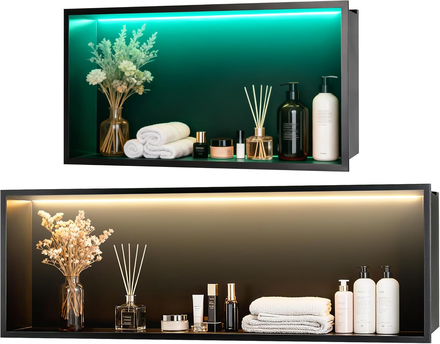 WICHEMI Stainless Steel Shower Niche No Tile Needed Wall Niche with LED Light, Recessed Shower Shelf for Bathroom Storage Over Mount Installation (24" X 12" RGB + 36" X 12" Warm White)