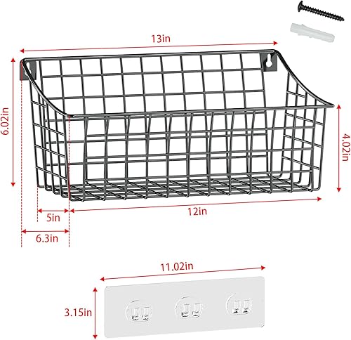 Miniatura 4 de Paquete de 2 cestas colgantes de pared para organizar cestas grandes de pared de alambre con 5 ganchos en forma de S + 2 ganchos adhesivos fuertes,