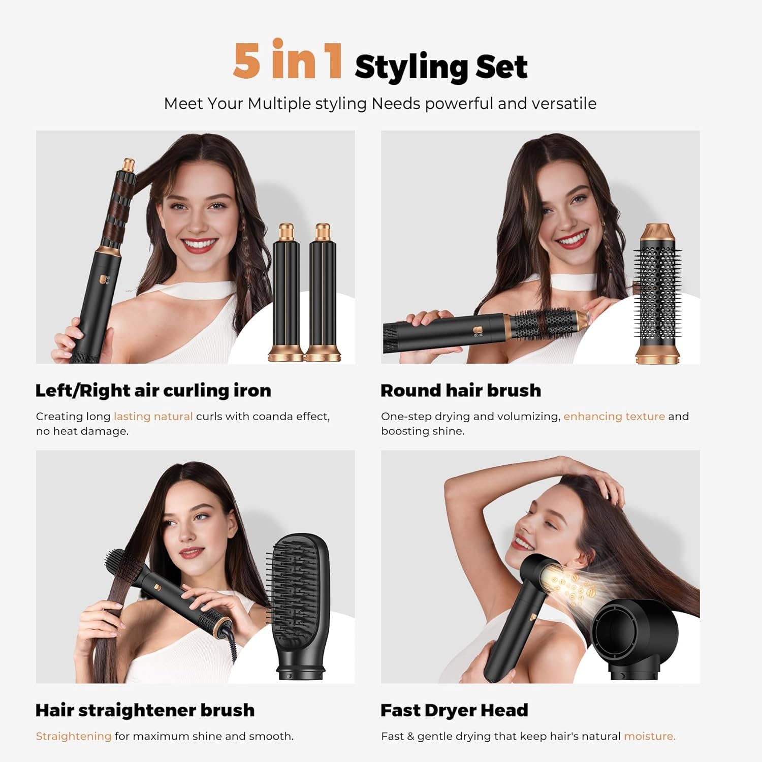 Hairstyler Set, 5 in 1 Air styler, Negativ Lonen Haarstyler mit Lockenstab automatisch, Air Styler Thermal Brush Haartrockner