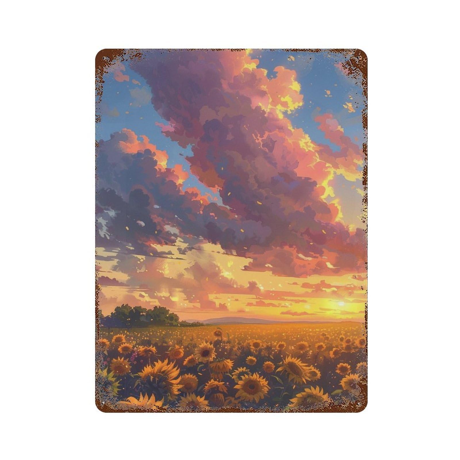 Sunflower Field Sunset Rusty Metal Tin Sign 15.7"x11.8", Vintage Wall Decor for Garage, Pub Or Kitchen