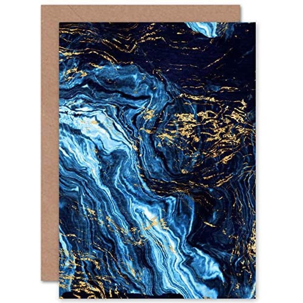 Abstract Dark Blue Gold Pour Blank Greeting Card With Envelope
