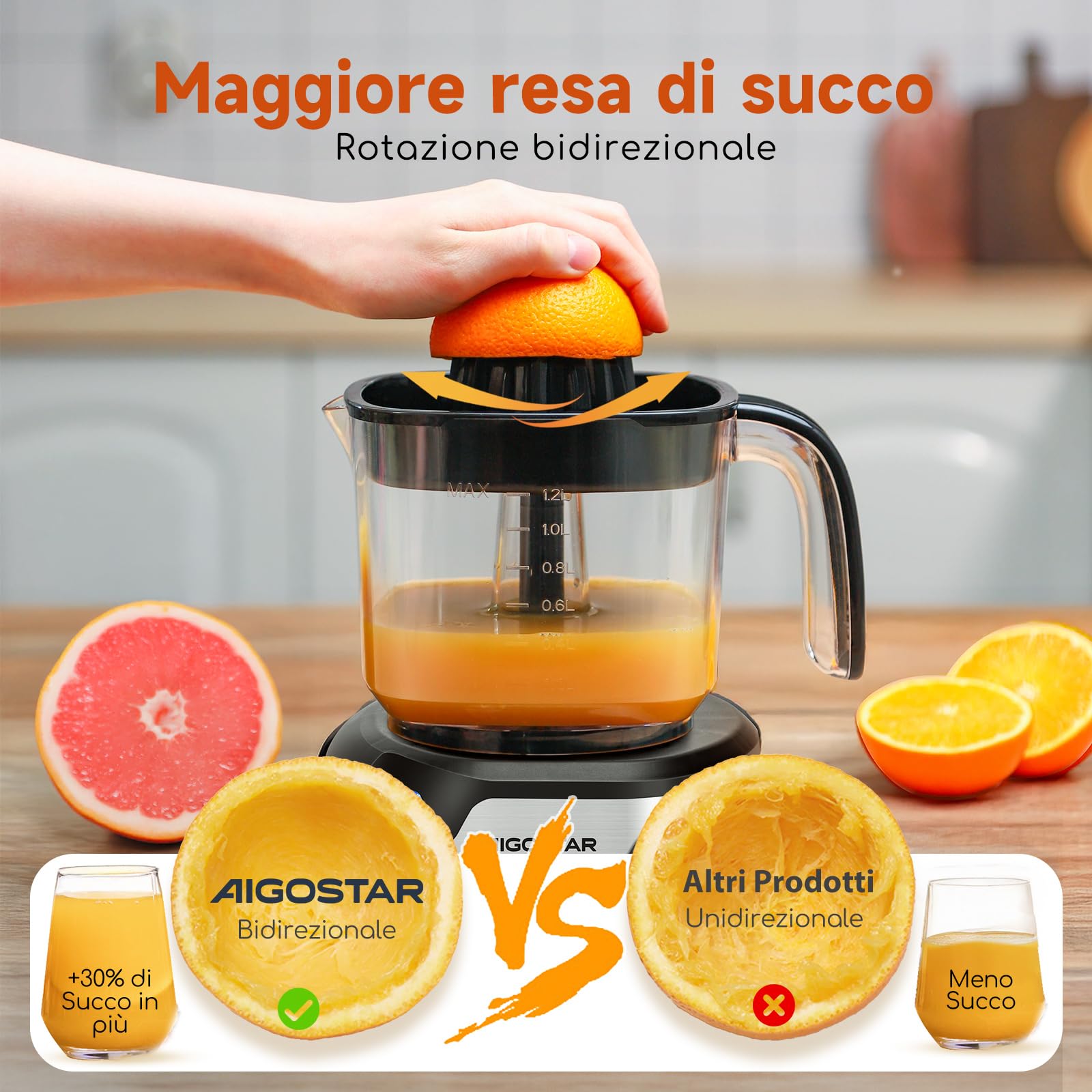 Aigostar Spremiagrumi Elettrico, 1,2L, Spremiagrumi con indicatore LED, 40W, 2 coni staccabili, Doppio Senso di Giro, Base in acciaio inox, Nero, Juicy