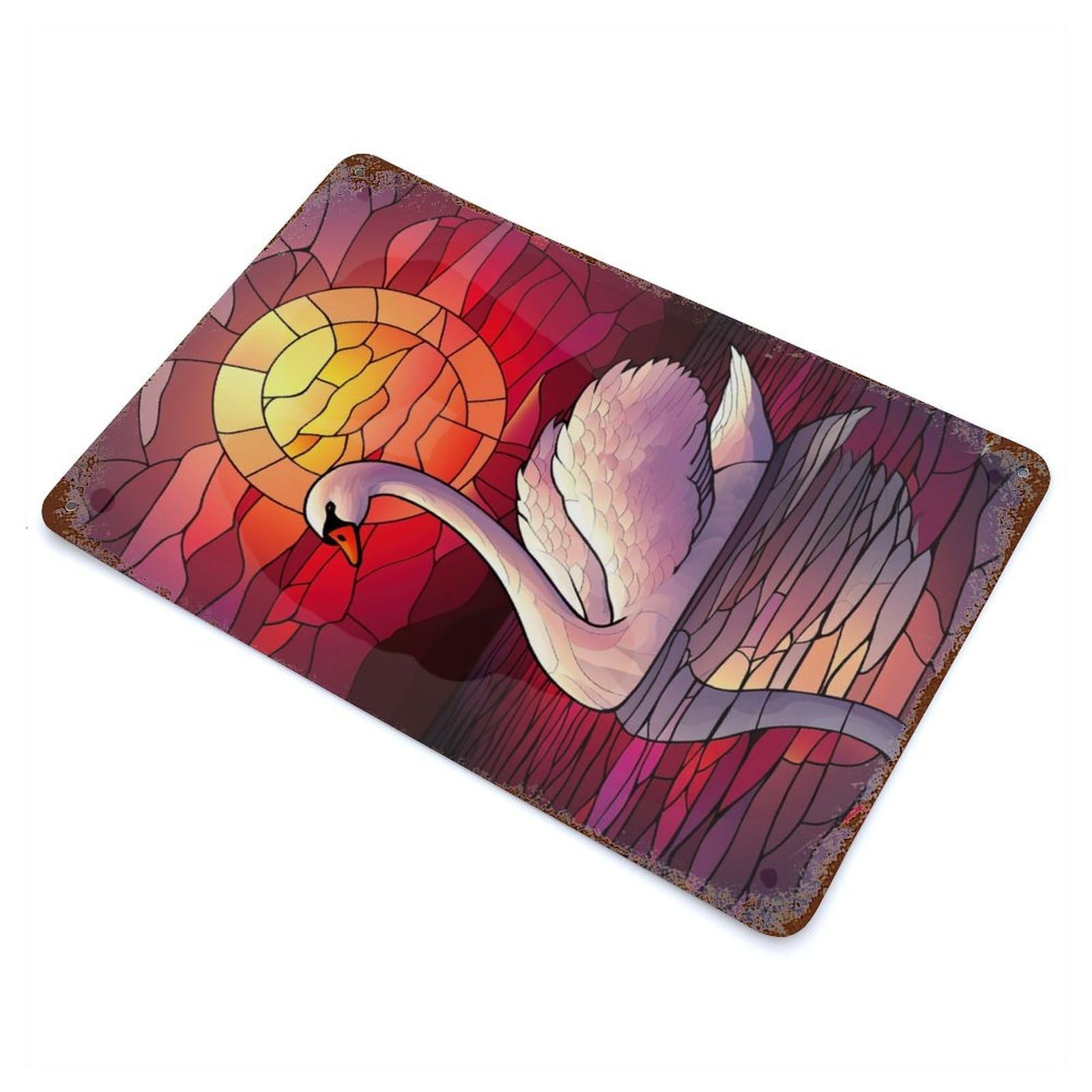 Swan Sunset Stained Glass 11.8"x7.9" Weathered Tin Sign, Decorative Metal Wall Art for Cafe, Home Bar And Lounge Decor