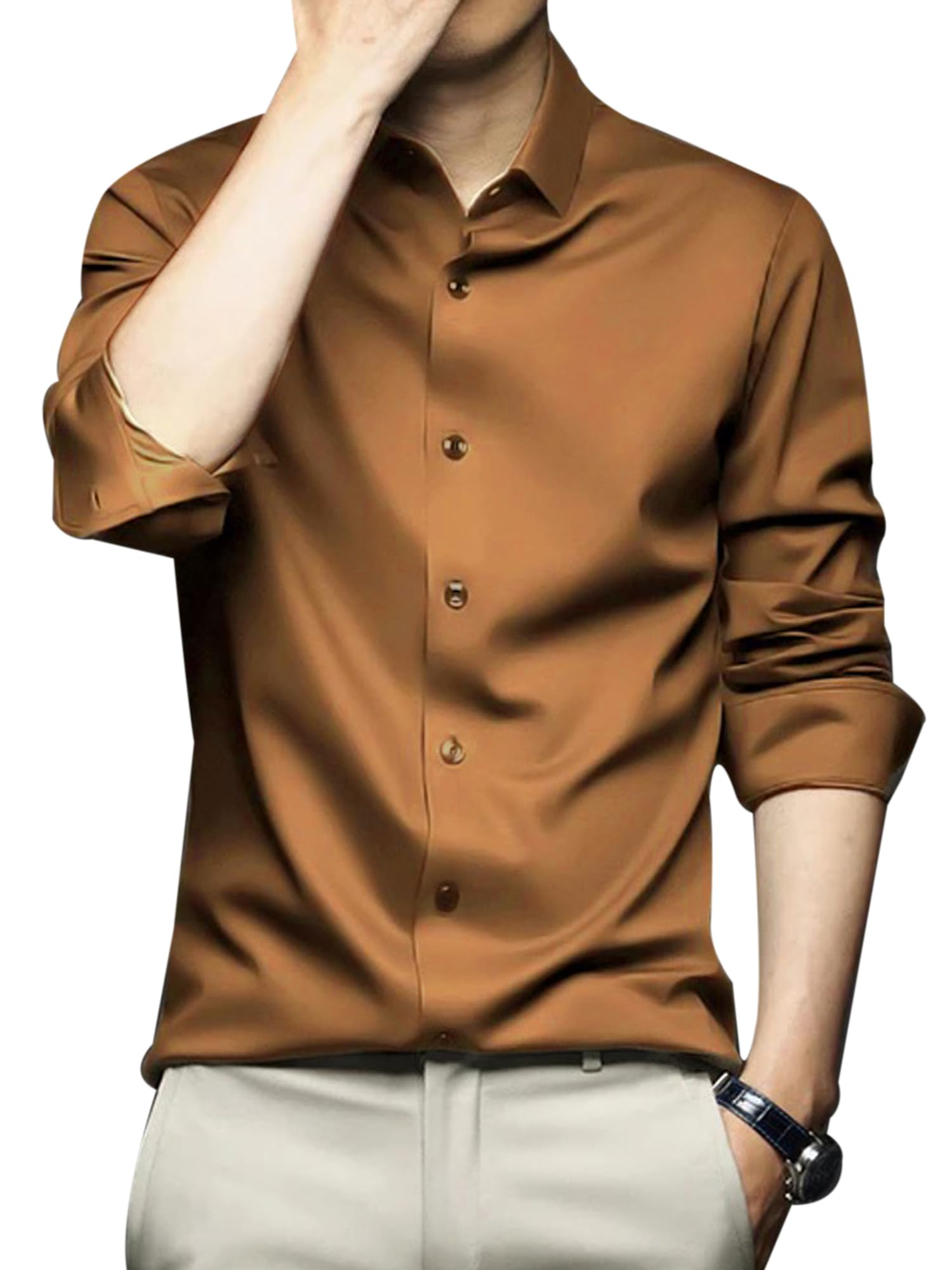 CVC Mens Regular Fit Full Sleeve Poly Satin Silk Shirt - (Brown_M) (B0D9MDBDBY) Amazon Price History, Amazon Price Tracker