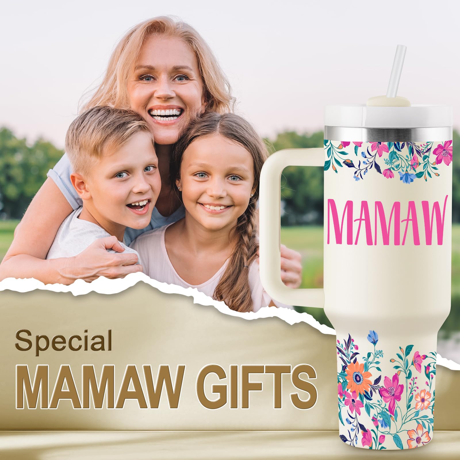 ROSTANTEN Mamaw Gifts Mamaw Birthday Gifts for Mamaw 40oz Travel Cup Insulated Tumbler with Lid & Straw
