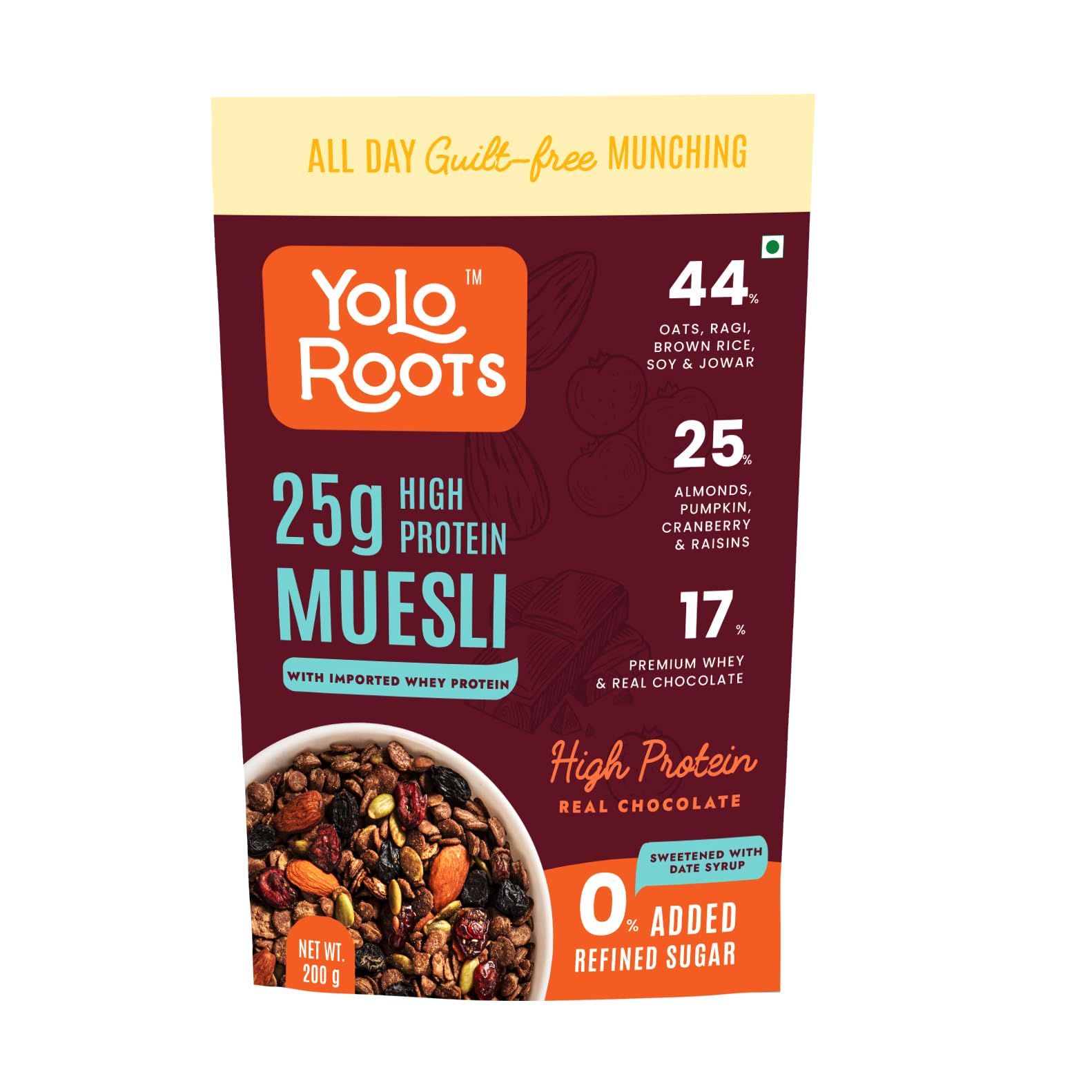 Yolo Roots High Protein Muesli 200g | Breakfast Cereal with 17% Premium Whey Protein Isolate & Real Dark Chocolate | 25% Almond, Pumpkin, Cranberry Made with Date Syrup (B0CW3PHZZX) Amazon Price History, Amazon Price Tracker