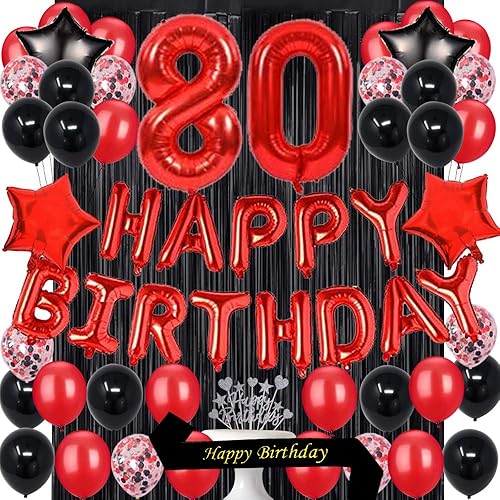 Suministros de decoración de fiesta de cumpleaños número 80, globos rojos y negros, decoración de pastel de feliz cumpleaños, papel de aluminio,