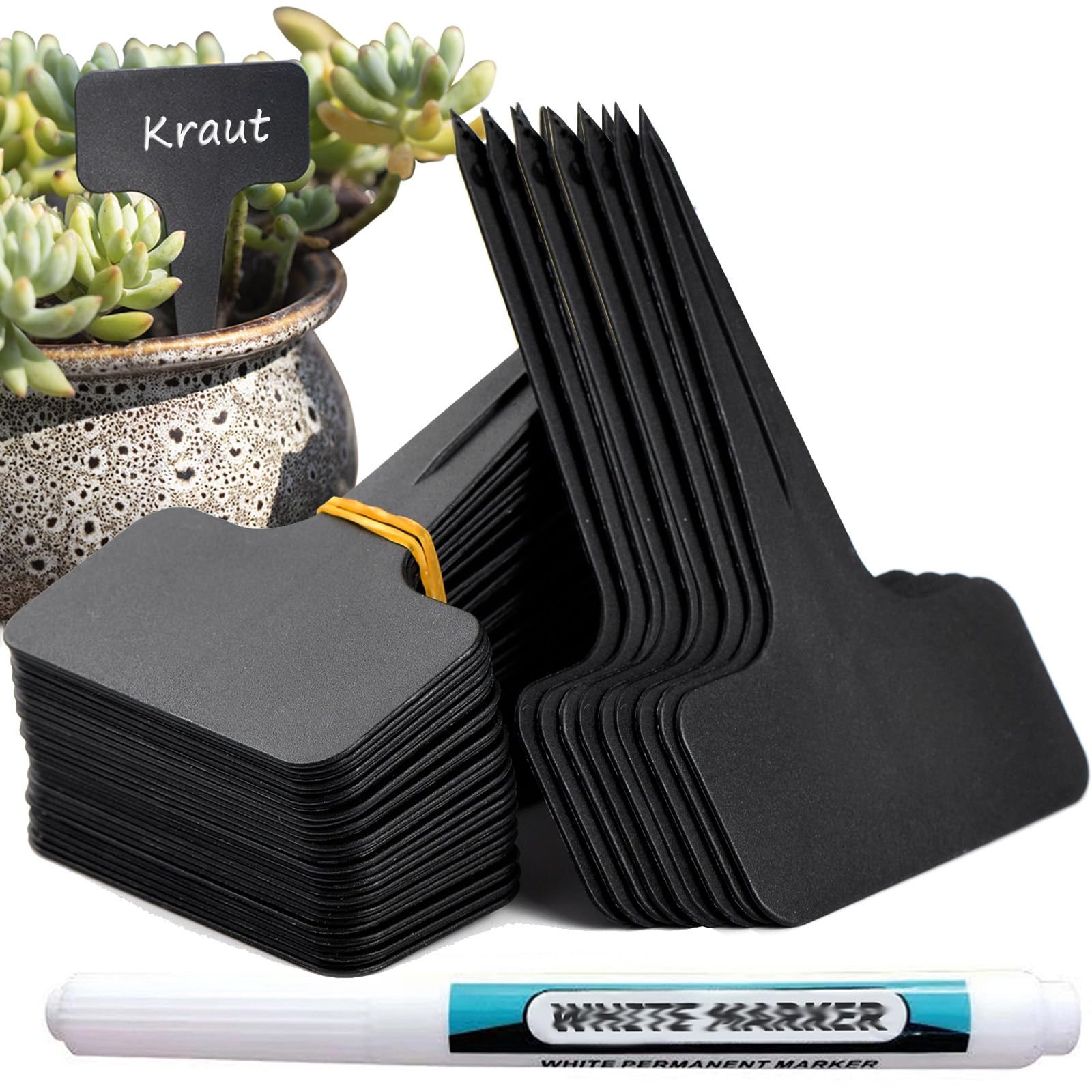 Targhette per Piante Marcatori Piante Impermeabili 100 pz Cartellini per Piante Etichette per Orto Pianta di Plastica con Penna, Altezza: 10 cm, Area di etichettatura: 6 x 3 cm, Nero