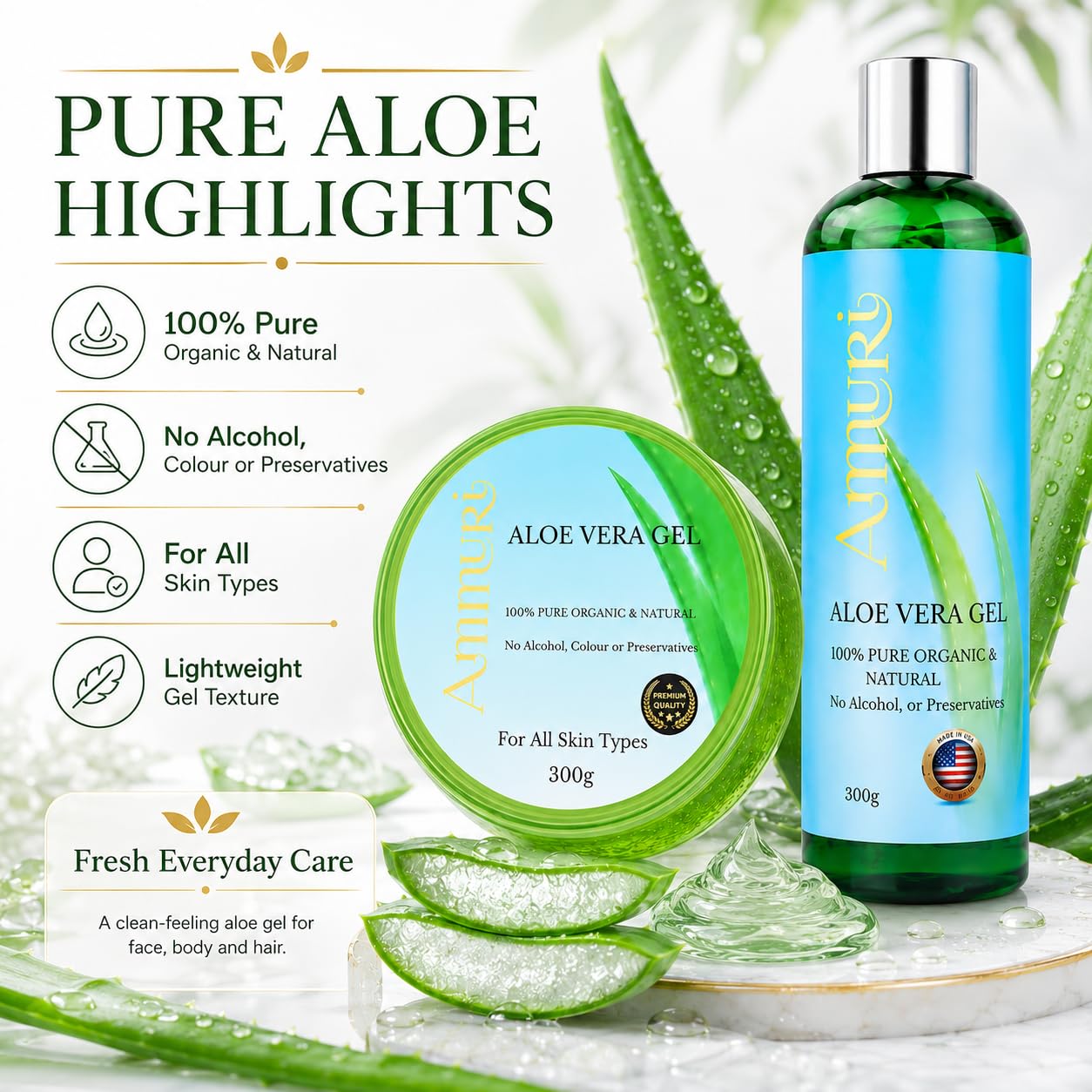 Ammuri Organiczny zestaw żelów aloesowych, 2 sztuki, butelka i słoik 300 ml, 100% czysty aloes, do pielęgnacji skóry i włosów, nieprzylepny i szybko wchłaniający się, wielofunkcyjne nawilżanie