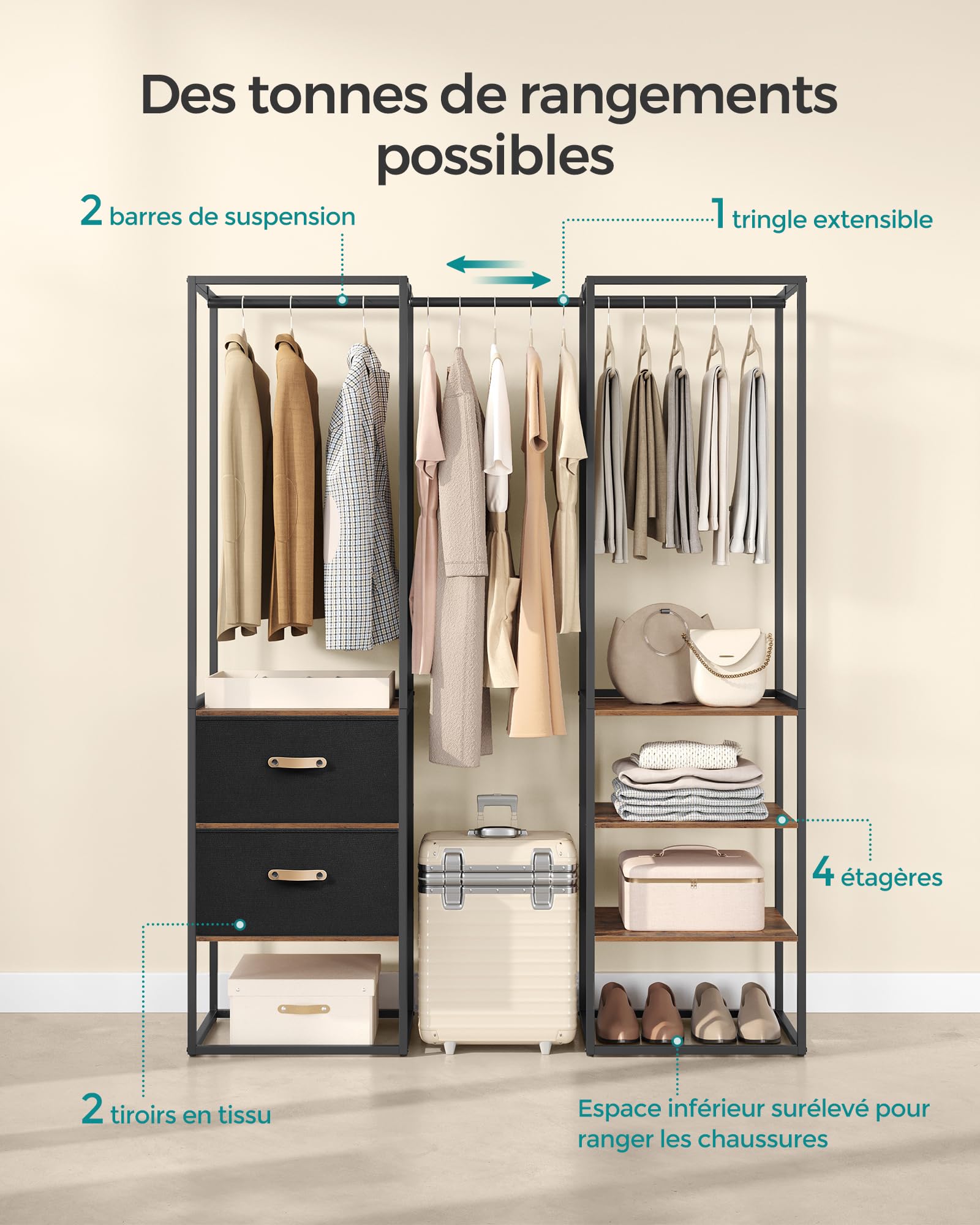 SONGMICS Penderie, Armoire Ouverte, Placard, Porte-Vêtements Solide avec 1 Tringle Extensible, 2 Tiroirs et 4 Étagères, pour Chambre, Gain de Place, Marron Rustique RGR003B01