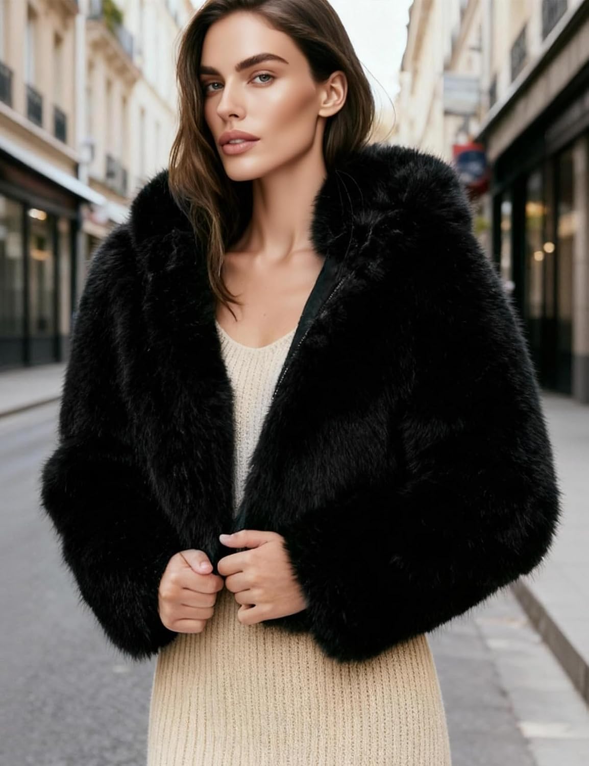 Flygo Womens Faux Fur Coat Cropped Fluffy Hooded Winter Jackets Zip Up Open Front Fuzzy Short Shaggy Warm Coats with Pockets - Image 3