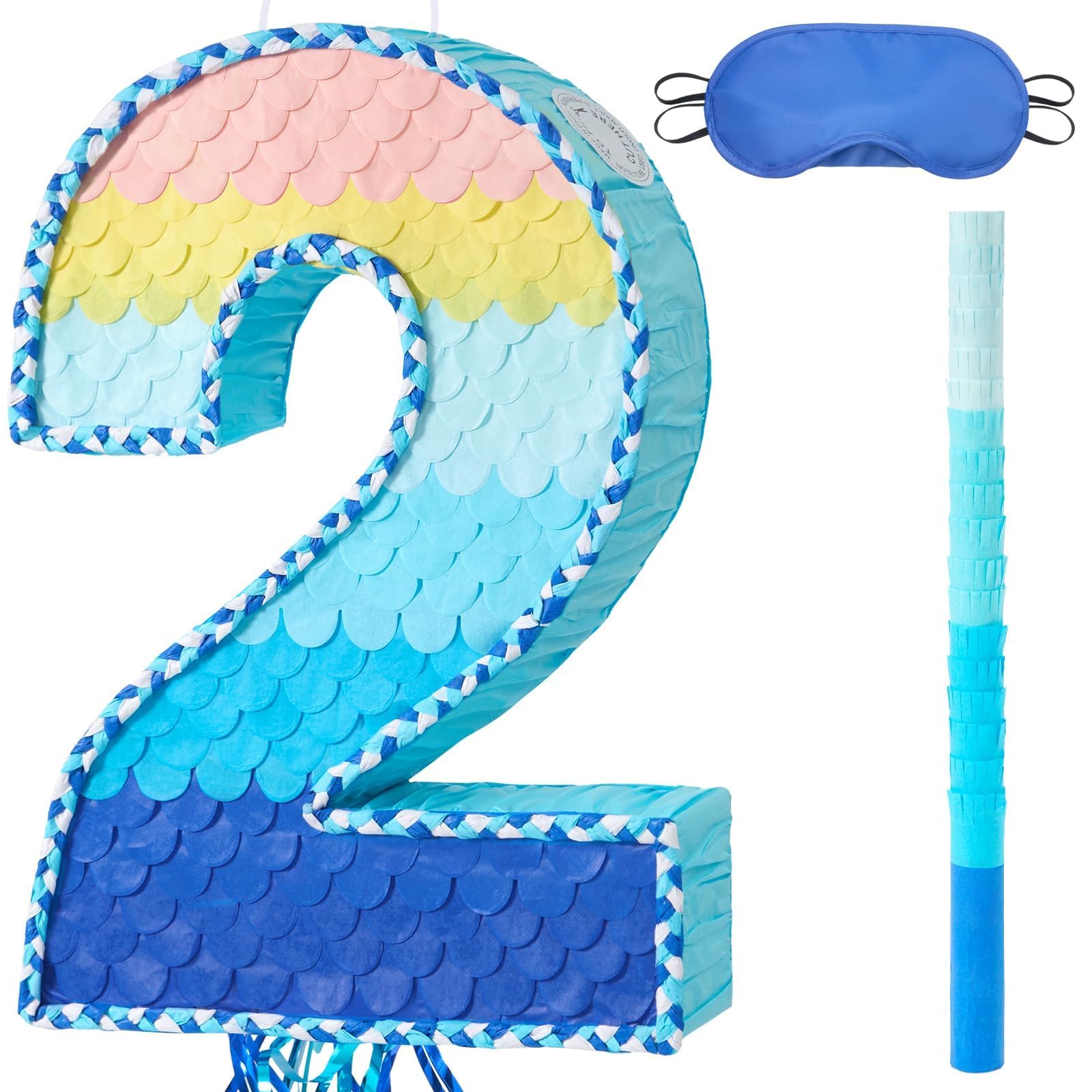 WERNNSAI Number 2 Pinata - 2nd Birthday Decorations Blue Number Pinata with Blindfold and Stick for Two Sweet Party Supplies 2 Year Anniversary Decoration Photo Props Gradient