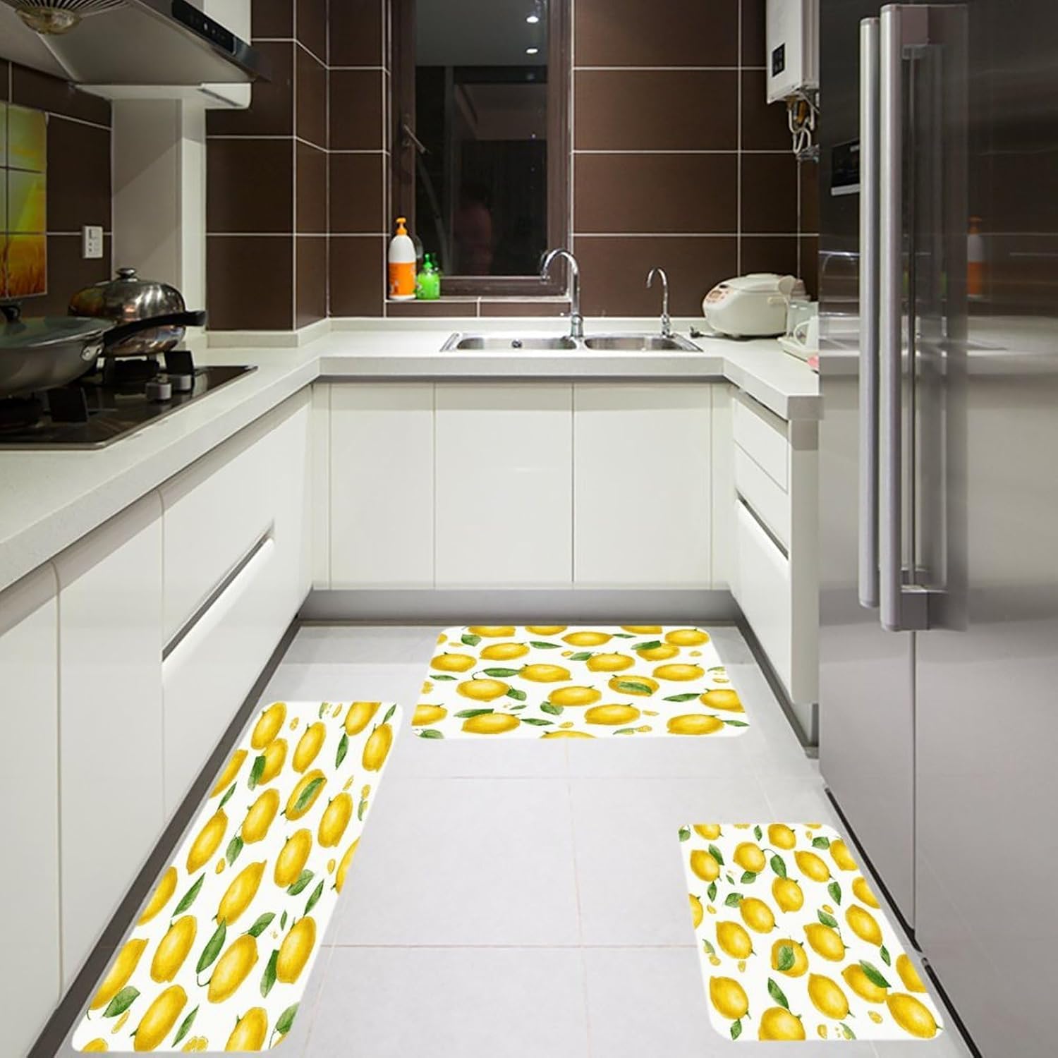 Yellow Lemon Kitchen Mats Soft Absorbent Rugs for Floor Non Slip Washable Kitchen Mats Fashion Rectangular Rugs for Three-Piece Set for Laundry Office Home Sink