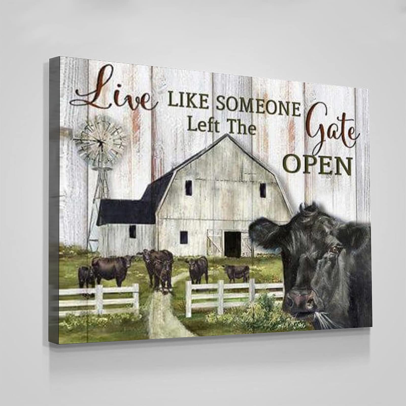 MUSAPILUX Canvas Framed Poster,Black Cow Live Like Someone Left The Gate Open Print,Wooden Style Decor Canvas wall art For living room bedroom office