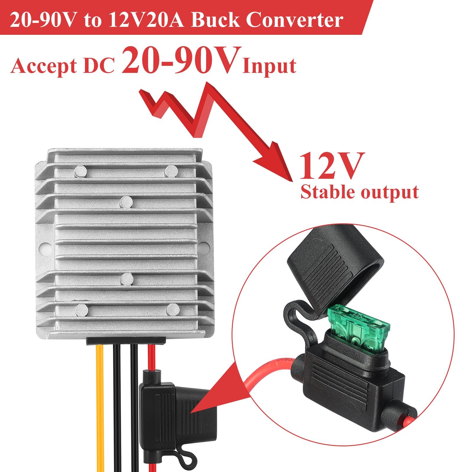 Convertidor de Voltaje DC 20V-90V a 12V 20A, Regulador de Voltaje DC 24V 48V 72V a 12V 240W Buck Transformador Impermeable para Motor Camión Vehículo Barco, etc.