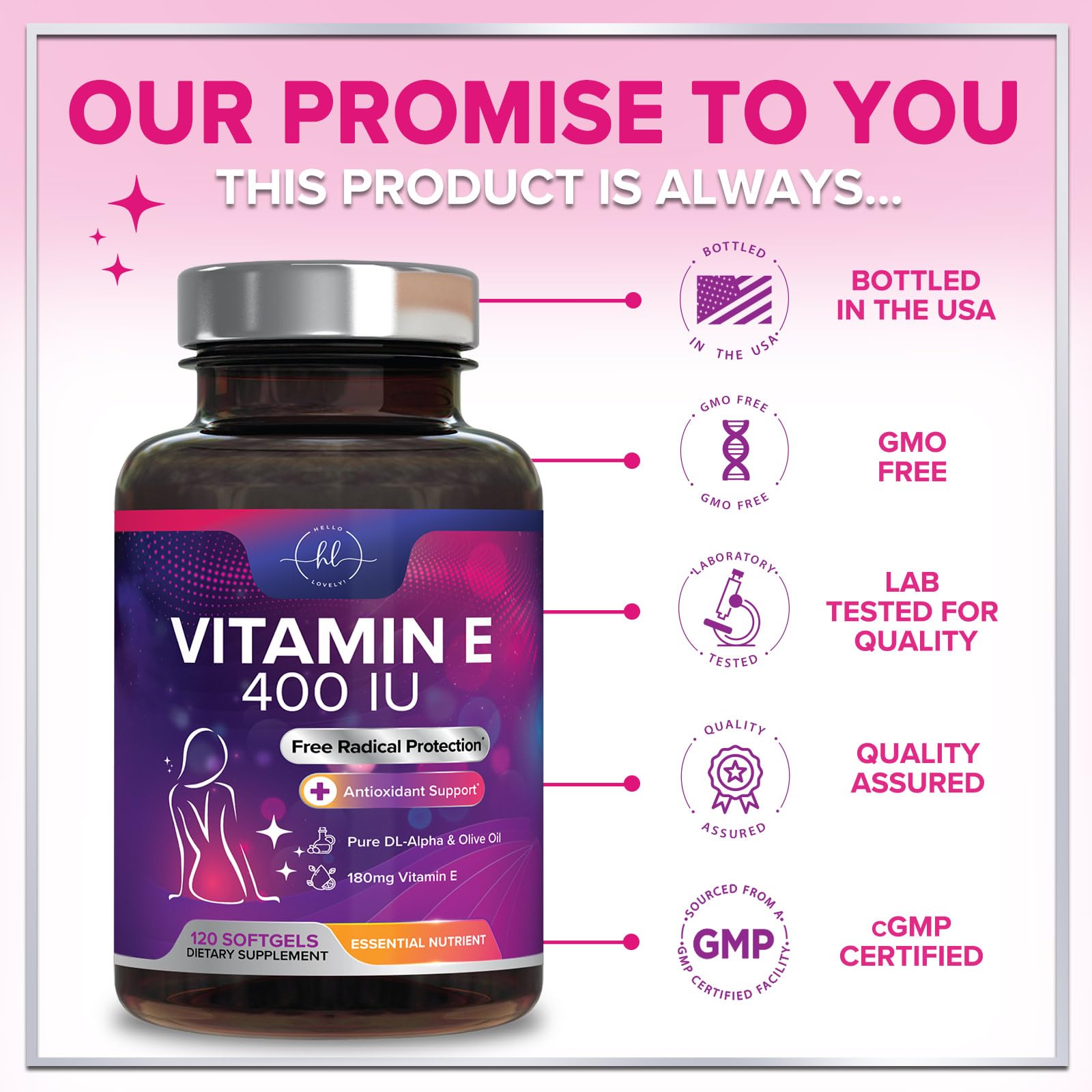 Vitamin E - 180 mg (400 IU) - Daily Beauty & Immune Support Supplement - DL-Alpha VitaminE with Antioxidants Supports Healthy Skin & Hair - Easily Absorbed, Gluten Free, Bottled in USA - 120 Softgels — Amazon image 4