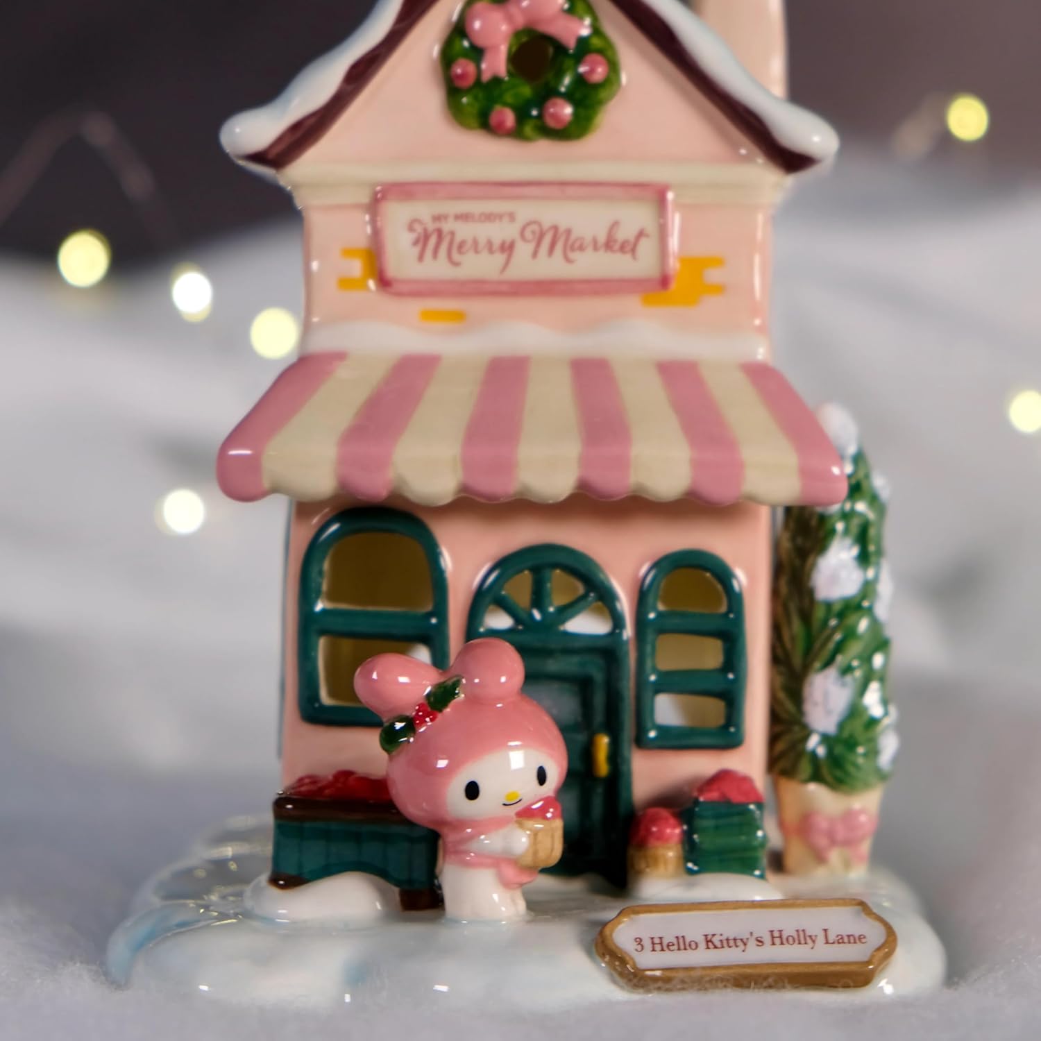 Blue Sky Clayworks My Melody’s Merry Market Candle House, 4.625" L x 4.825" W x 6" H, Peppermint Porch Glow