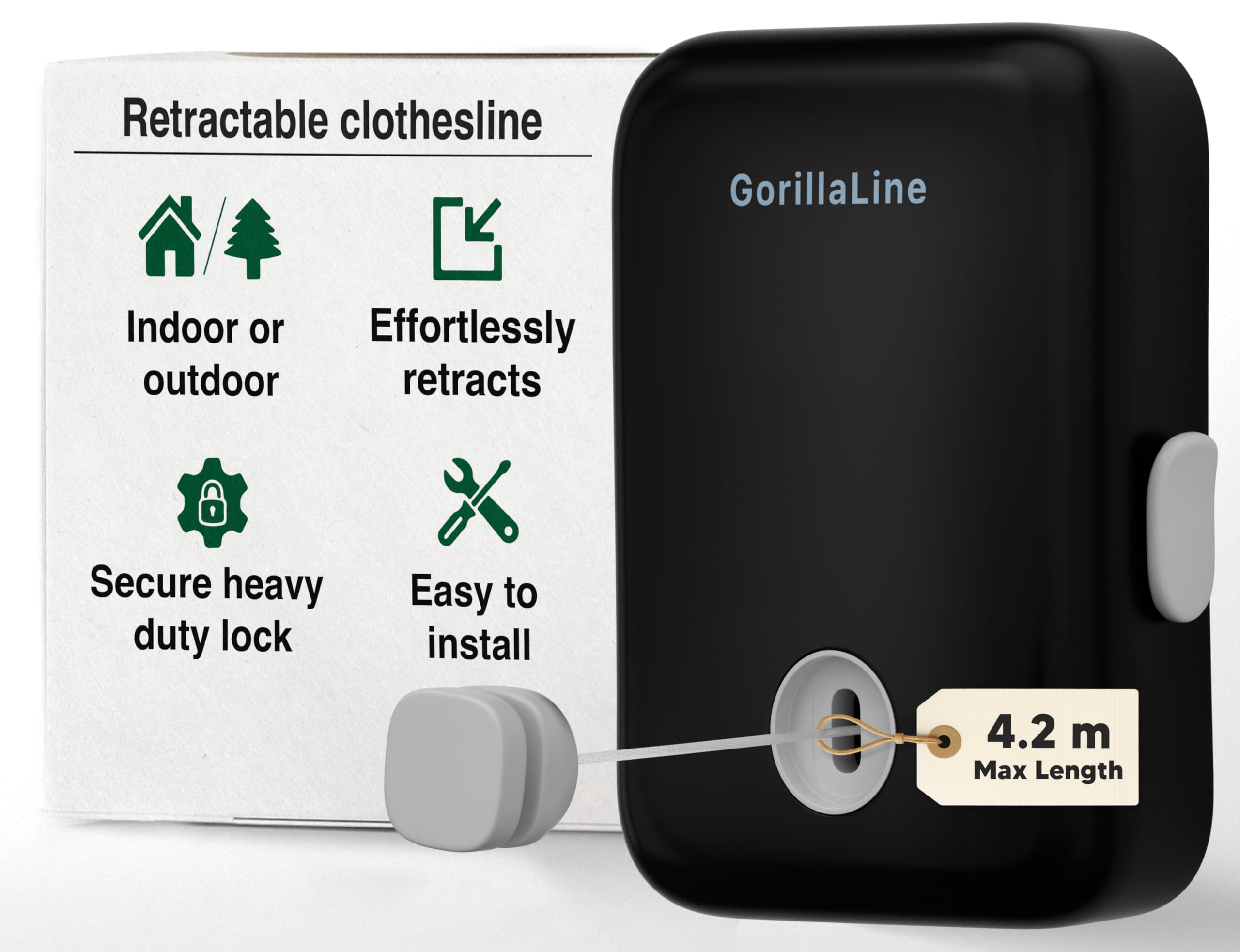 GorillaLine - Retractable Washing Line, Clothes Lines for Outside Extendable Washing Line Rope 4.2m, Indoor and Outdoor Clothes Line