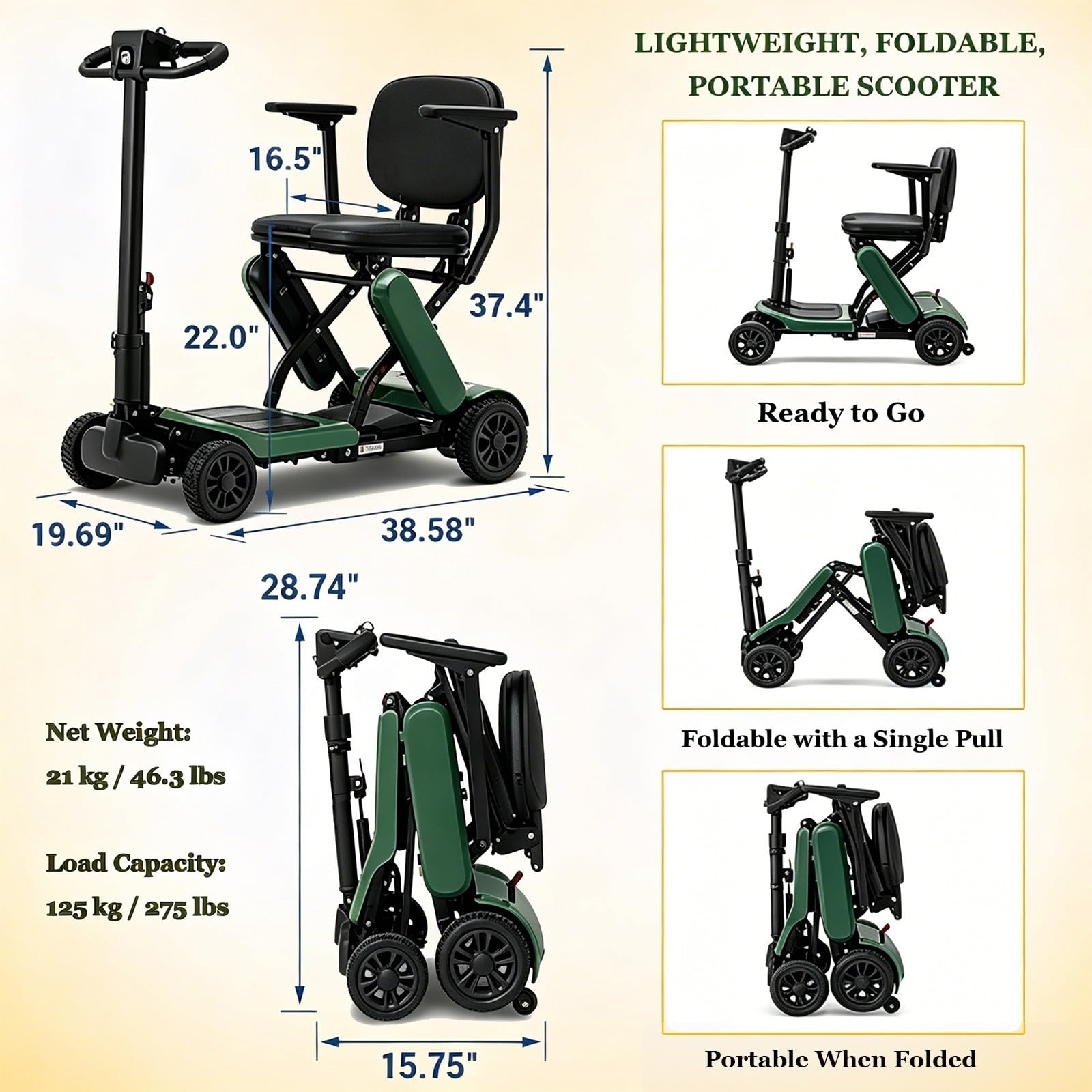 Scooter De Mobilité Pliable pour Seniors,2 Batteries, Longue Autonomie,Sûr Et Confortable,Léger Et Pliable,Certifié pour L'aviation,Transportable en Cabine Graphite Green
