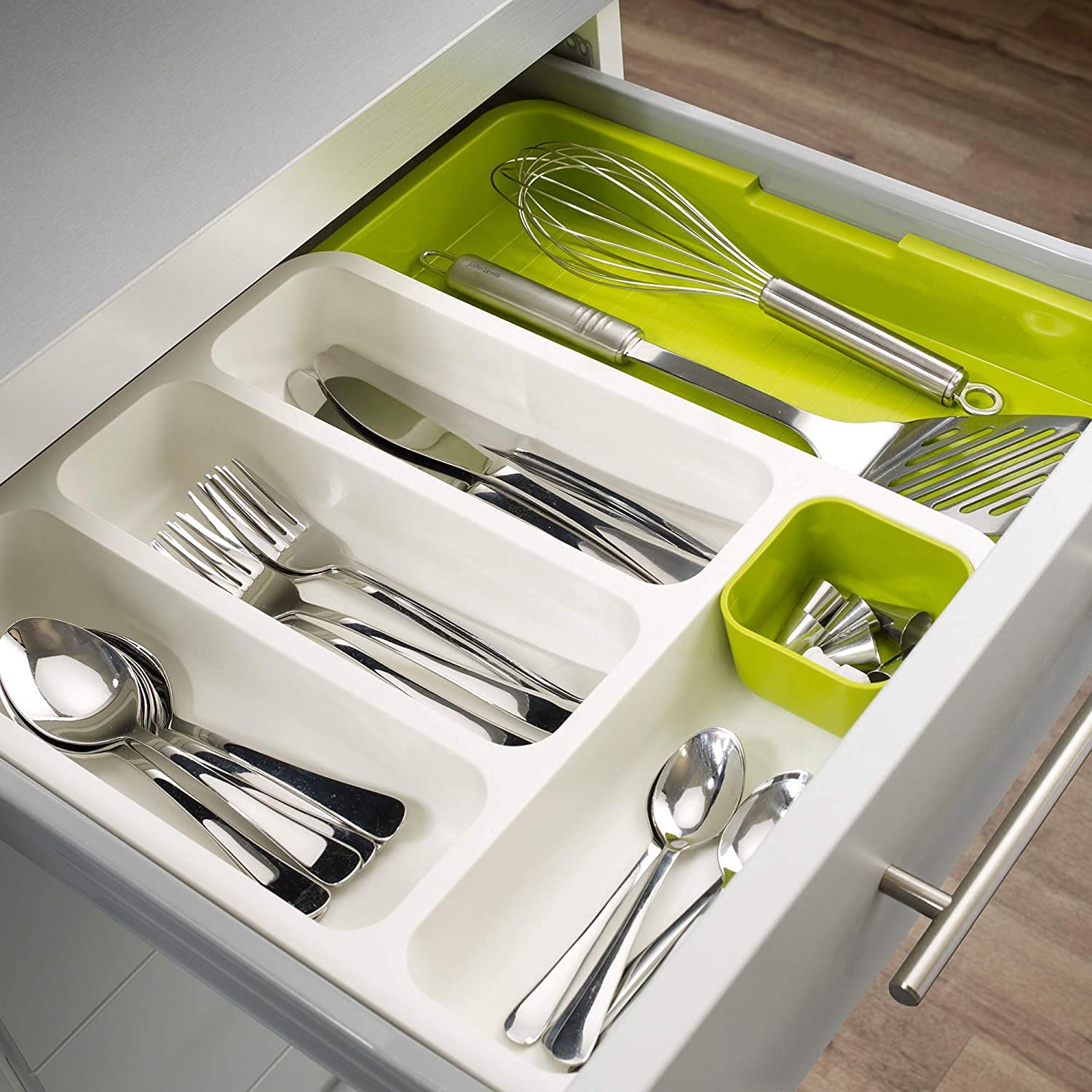 Expandable Inside Cutlery Tray- Foldable Drawer Holder To Store Organize Spoons Toiletries For Home Kitchen (Green + White, Plastic)