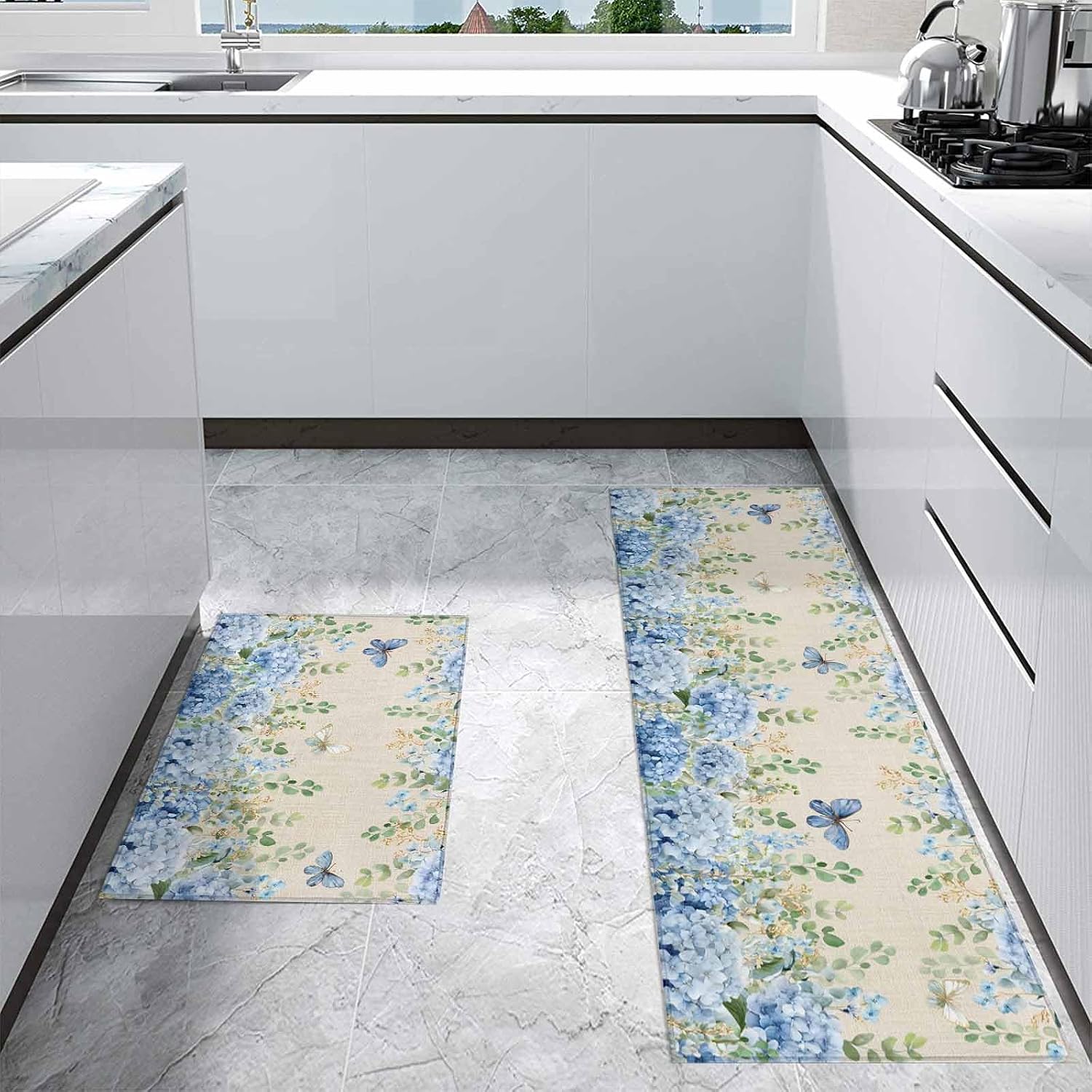 Kitchen Mats for Floor Summer Hydrangea Flower Butterfly Washable Non Slip Kitchen Rugs 2PCS, Rustic Plant Retro Linen Absorbent Standing Mats for Sink Office Living Room 15.7x23.6in+15.7x47.2in
