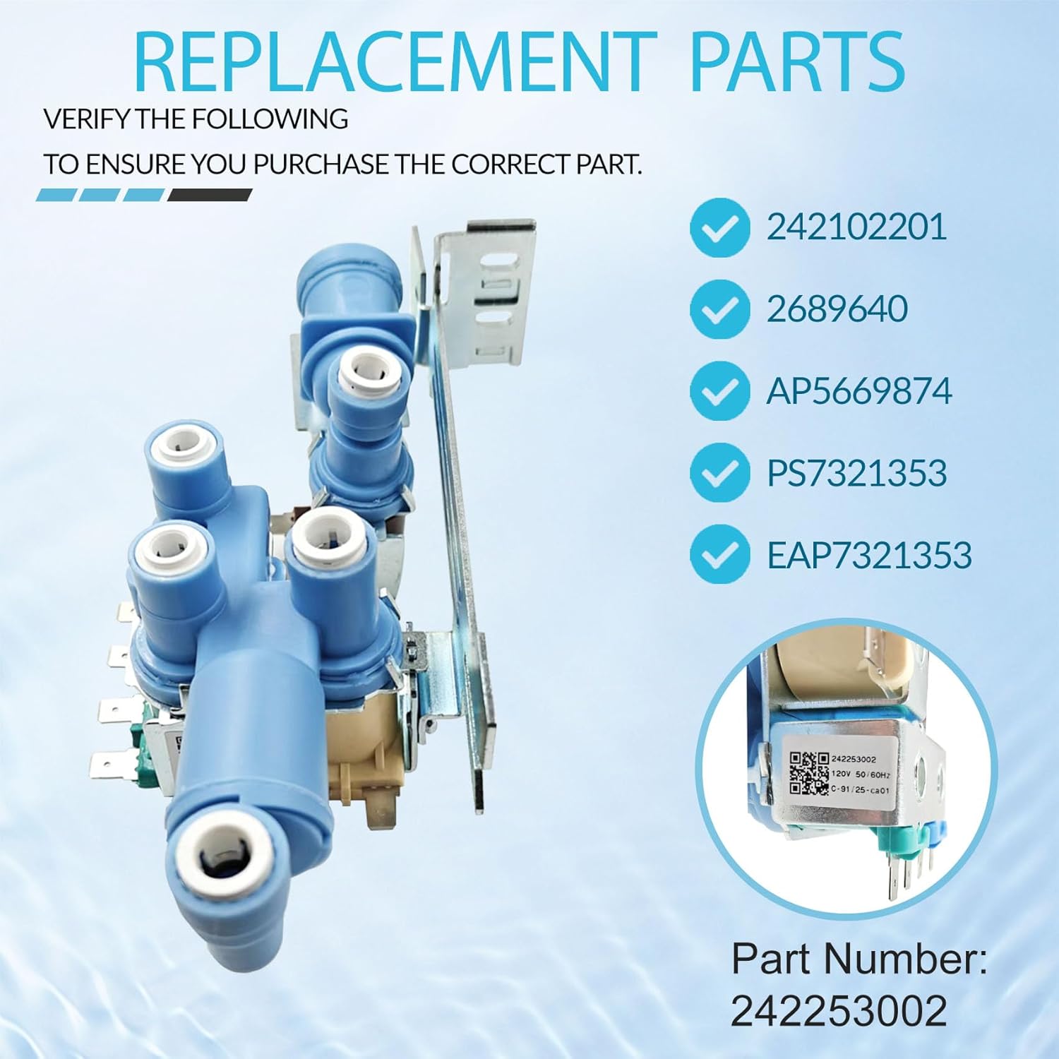 242253002 242102201 Refrigerator Ice Maker Water Inlet Valve for frigidaire electrolux kenmore crosley, Replacement Water Valve Parts 2689640, AP5669874, PS7321353, EAP7321353 Fits Model CFD DGH E23