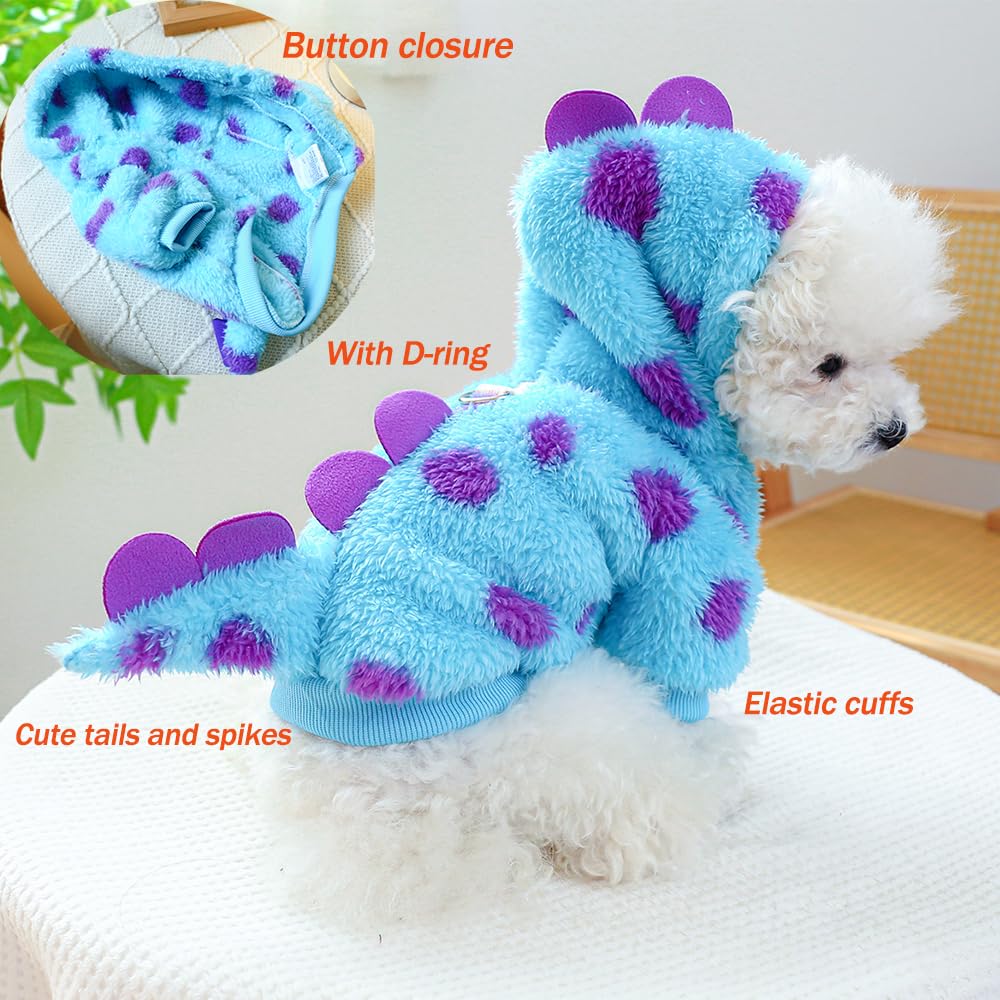 Dinosaur Dog Clothes for Small Dog Girl Boy, Fleece Winter Puppy Hoodies with Leash Ring, Cold Weather Coat for Cat, Funny Dinosaur Costume for Christmas Halloween. (Blue-2, X-Small)