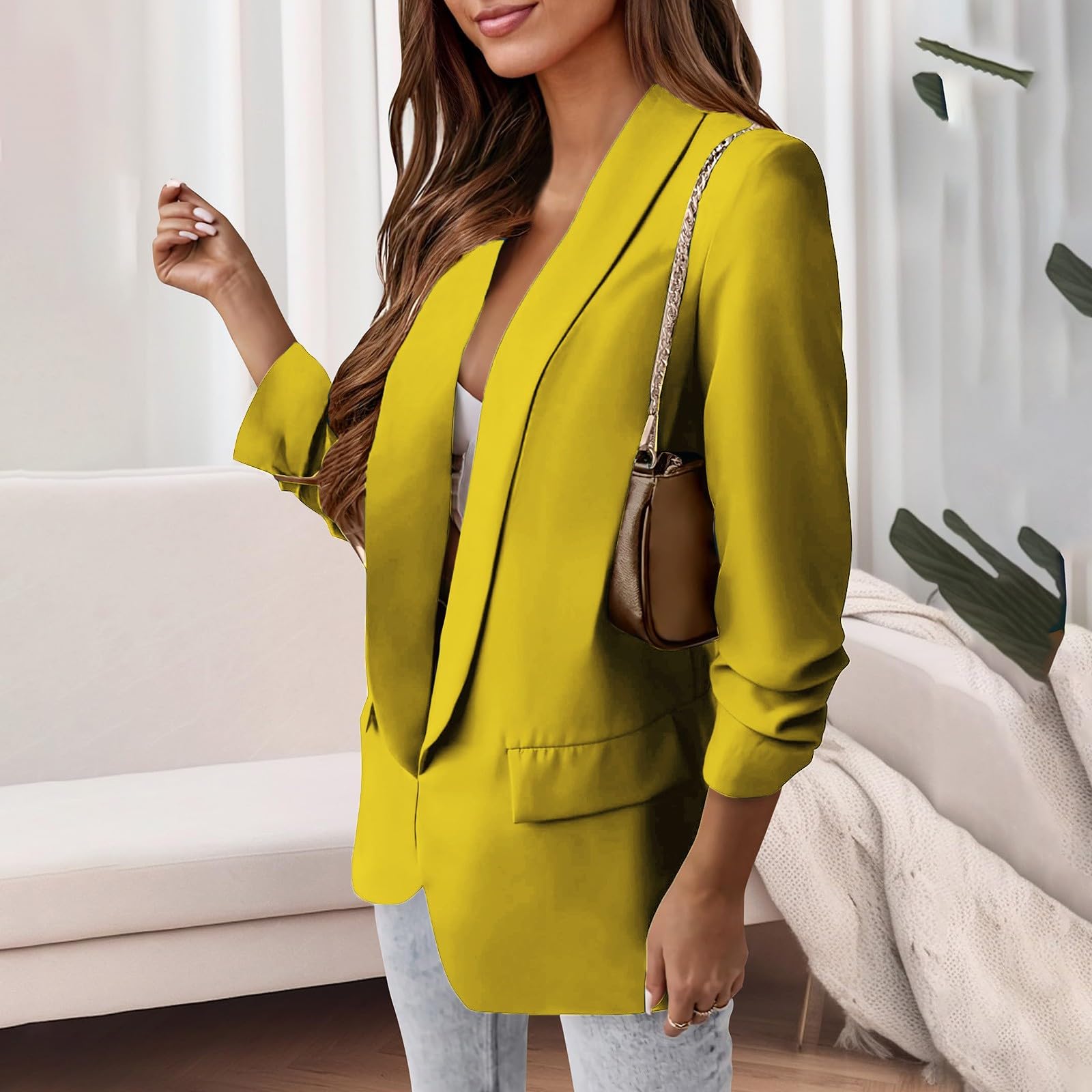 Elegante chaqueta de trabajo para mujer, abierta, con solapas, de manga larga, de oficina, informal, color liso, para otoño