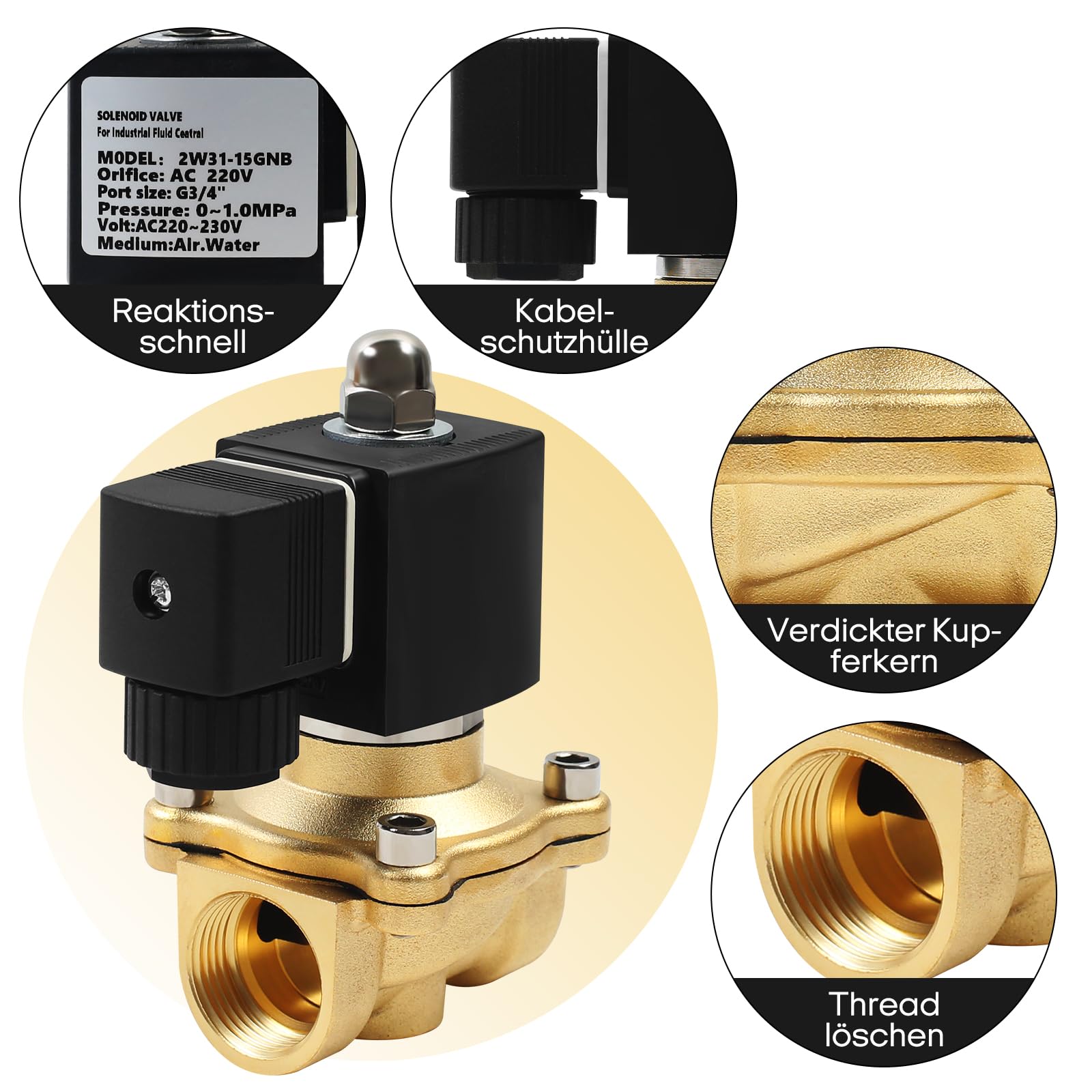YedZen Magnetventil Messing, G3/4 230V AC Elektromagnetventil, DN20 0-10 bar NC Direktwirkende Elektrisch Magnet Ventil, Messing Elektrisches Magnet Ventil für Wasser, Luft, Diesel, Kerosin, Benzin