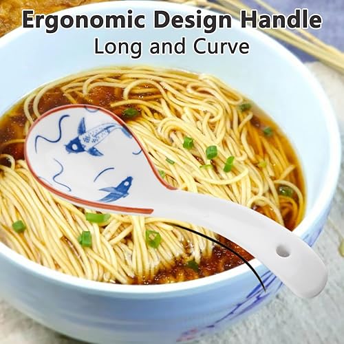 Miniatura 6 de Juego de 4 cucharas de sopa chinas, cucharas coreanas de porcelana para albóndigas de cereales de fideos Pho