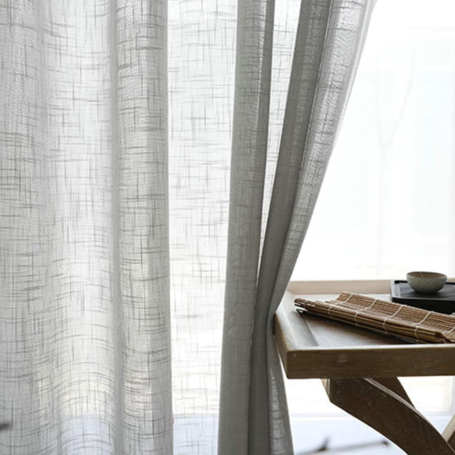 Daesar Window Curtains 2 Panel Sets, Polyester Linen Grommet Voile Curtains 52" W x 84" H Drapes Chinese Style Solid Color Texture Light Grey Sheer Curtains for Bedroom Living Room