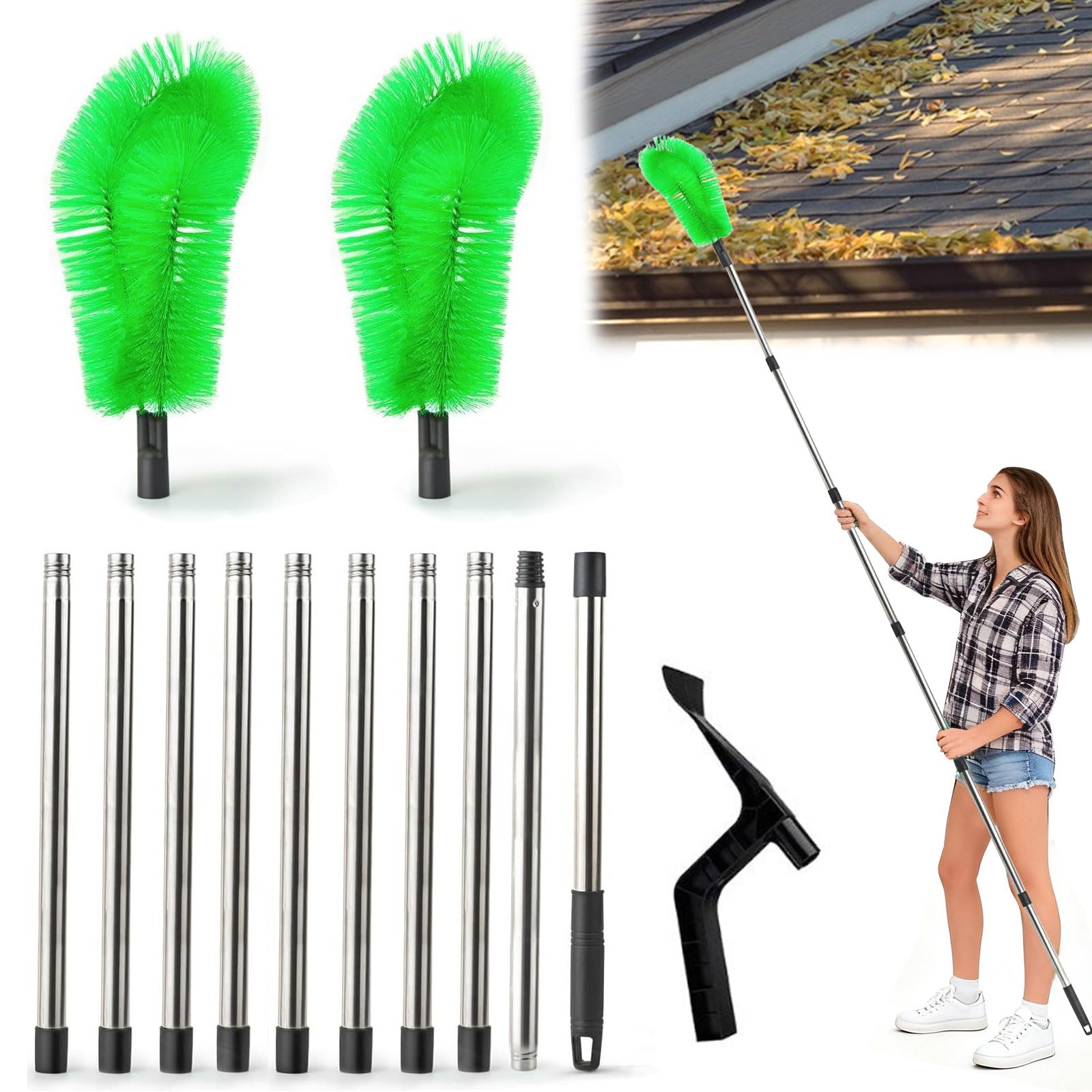 Dachrinnenreiniger 390cm mit Teleskopstange & 2-in-1 Bürste/Schaufel - Dachrinnenbürste für Laub, Schmutz und Fallrohre - Leicht zu Zerlegen für Fenster, Kronleuchter & Dachrinnen