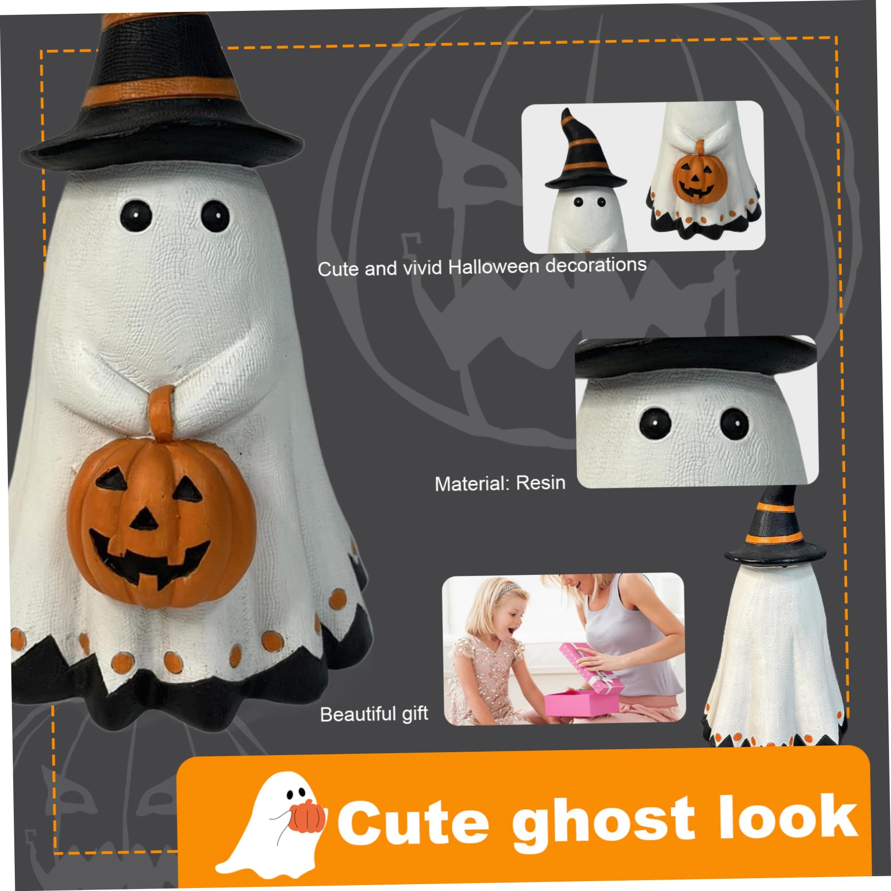 Decorazioni di Halloween, Decorazioni di fantasmi, Simpatica statua di fantasma di Halloween in piedi con zucca appuntita e in mano, ornamento spettrale resina di cartone animato per tavolo da scaffa