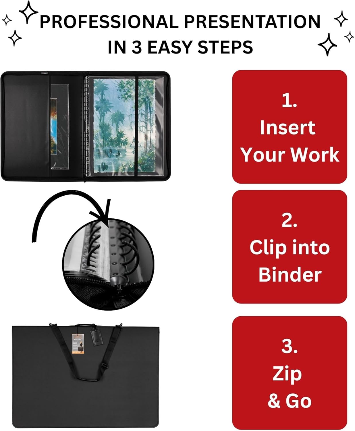 Picturesque Artist Presentation Case - Soft Padded Leather Multi-Ring Durable Travel Professional Art Carrying Archival Portfolio with 10 Display Sheets Included - 11" x 14"