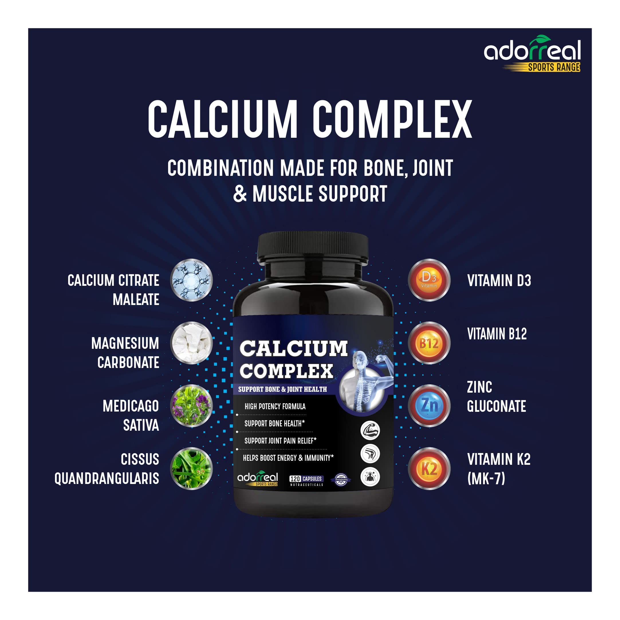 Adorreal Calcium Complex 120 capsules with Magnesium, Vitamin D3 and Zinc| Helps boost energy and immunity 3