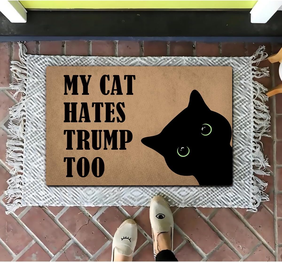 Funny Welcome Doormat for Front Door Mat House Warming Gift Rugs for Entrance Way Indoor Home Decor (23.7in X 15.6in) (My Cats Hates Trump Too Peeking Black Cat)