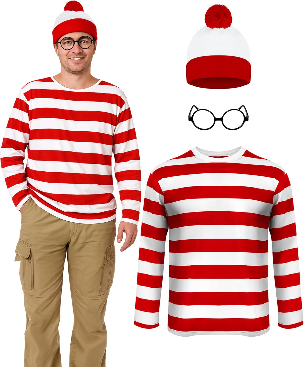 Halloween Costumes, Red and White Striped Shirt, Cosplay Costumes Adult, Halloween Shirt with Glasses Frame and Hat