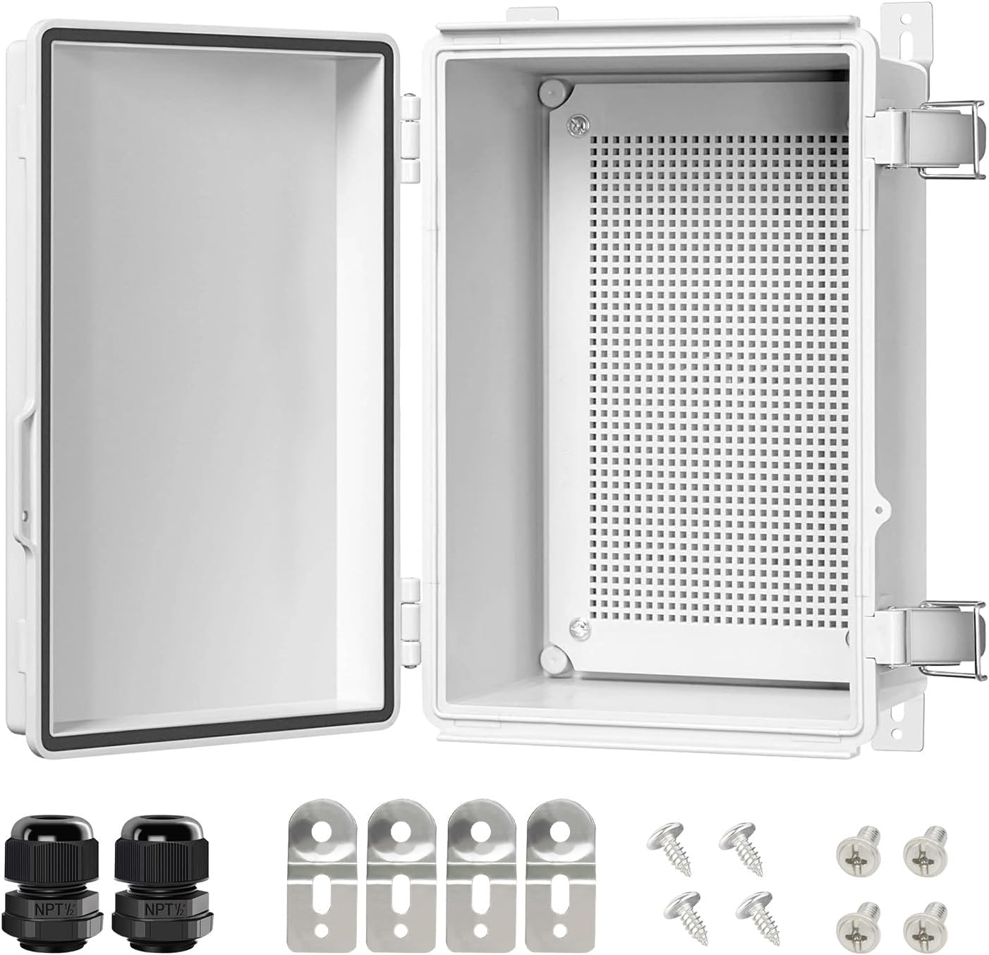 LeMotech Electrical Box, IP67 Waterproof Hinged Cover Stainless Steel Latch Junction Box, ABS Plastic Electrical Enclosure with Mounting Plate,Wall Brackets, Cable Glands,11.8"x7.7"x5.2",Grey