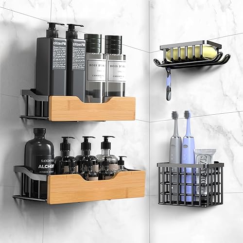 Juego de 4 estantes de ducha adhesivos con jabonera, soporte para cepillos de dientes para organización del baño