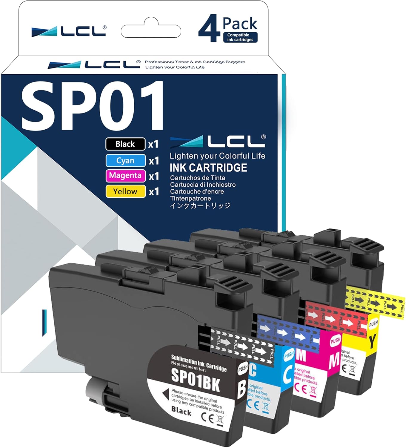 LCL SP01 SP-1 Sublimation Ink Cartridges (4-Pack KCMY) SP01BKS SP01CS SP01MS SP01YS High Capacity Replacement for Brother SP1 SP-1 SP01 Sublimation Printer