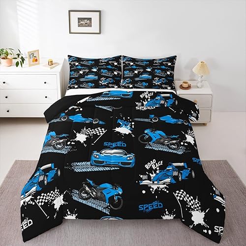 Erosebridal Kids Race Car Comforter Set Blue Black Racing Car Bedding Set Full S