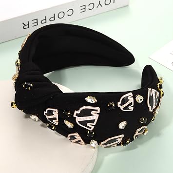 NVENF Hairband - Derby C-Black, Fabric, Rhinestone and Metal Knotted Jeweled Wide Top Knot Headband for Women, Horse Racing Hair Accessory