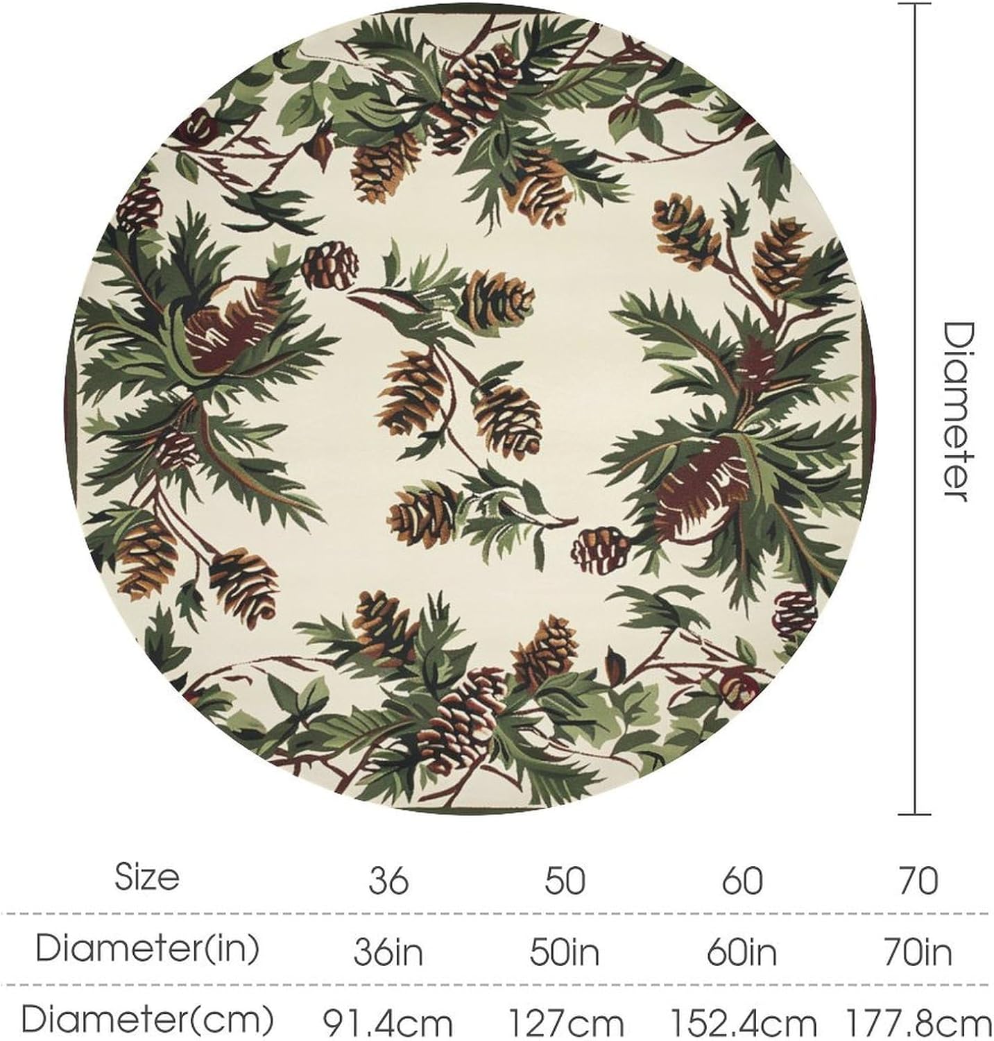 Round Tablecloth Woodland Pinecone, Washable Retro Rustic Pine Leaves Table Cover for Kitchen Dining Room, Indoor Outdoor Decor for Picnic Party, 70 Inch