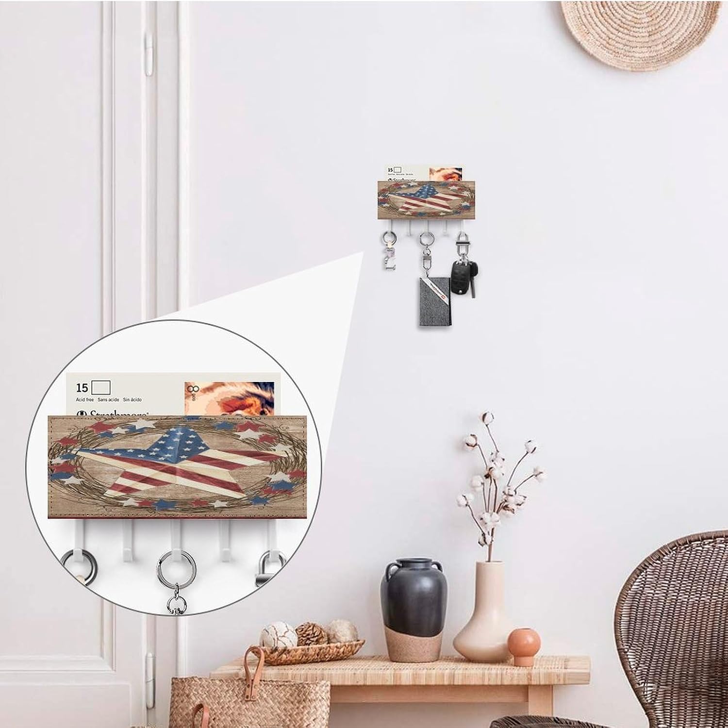 Key Holder Wall Mount Key Hanger with 5 Hooks, Decorative Key Rack | Americana Patriotic Hanging Key Hooks with Mail Organizer for Wall Living Room Kitchen Bathroom Hallway