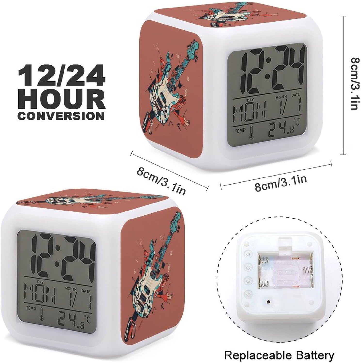 Night Light Alarm Clock, 7 Color Changing, Rock Instrumental Patterns image 3