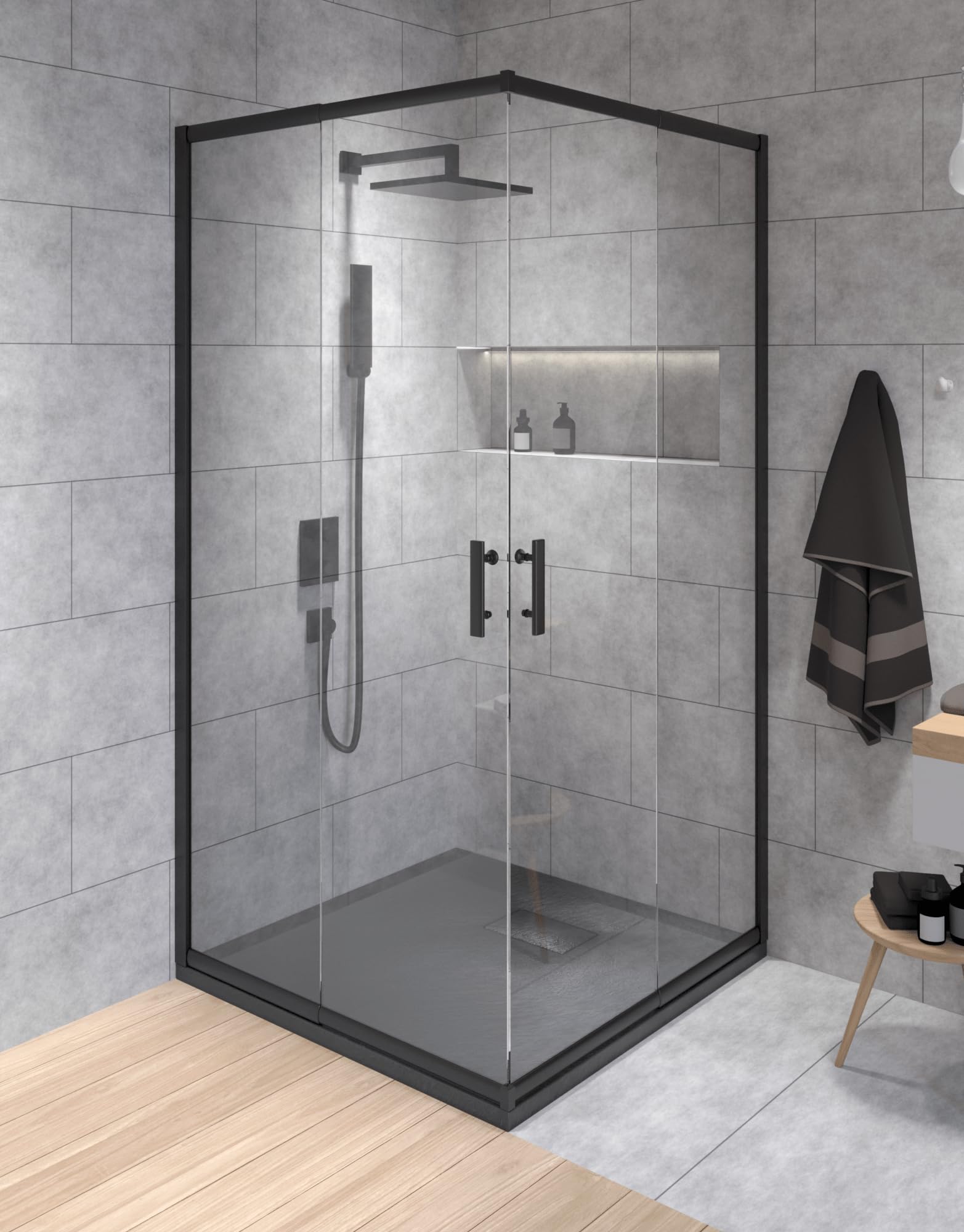 BADLAND Komplettes Set - Duschkabine HELA Schwarz/Chrom + Duschwanne VIDAR 80-90x80-90 193cm - Quadratisch Duschabtrennung Transparent Nano Glas 6 mm, Duschtasse Schwarz/Weiß Steinoptik SMC mit Ablauf