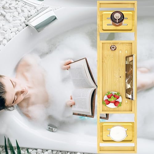 Miniatura 17 de Bandeja de bañera – Bandeja de baño expandible – Mesa de bañera para bañera, tamaño ajustable, se adapta a la mayoría de bañeras 2-Madera de bambú