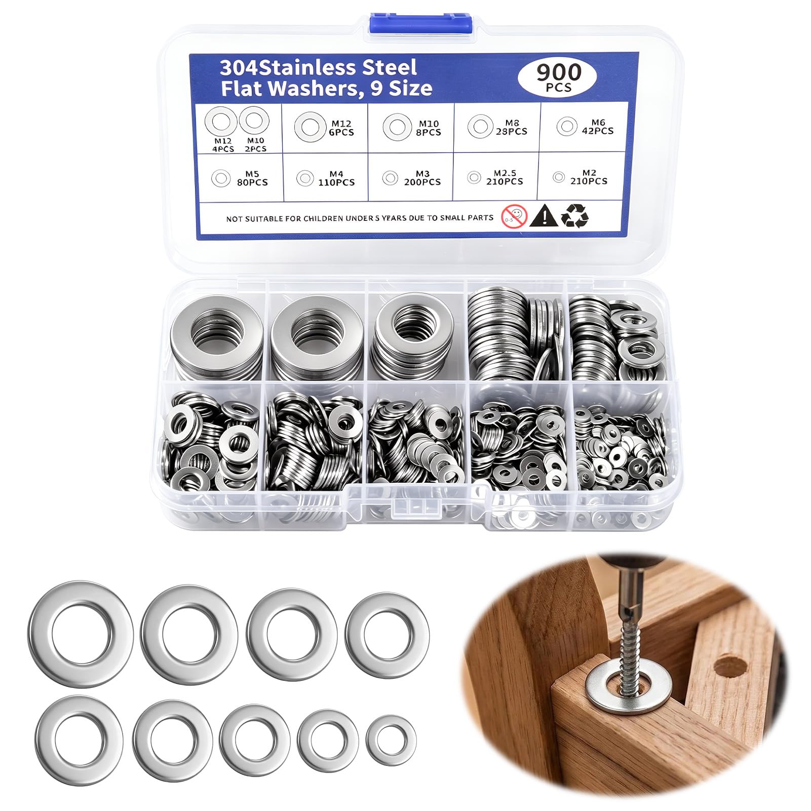 900 Pcs Flat Washers for Screws, 9 Sizes of 304 Stainless Steel Including M2 M2.5 M3 M4 M5 M6 M8 M10 M12 Penny Washers Set Suitable for DIY Home Repair Decoration Factories Repair Construction